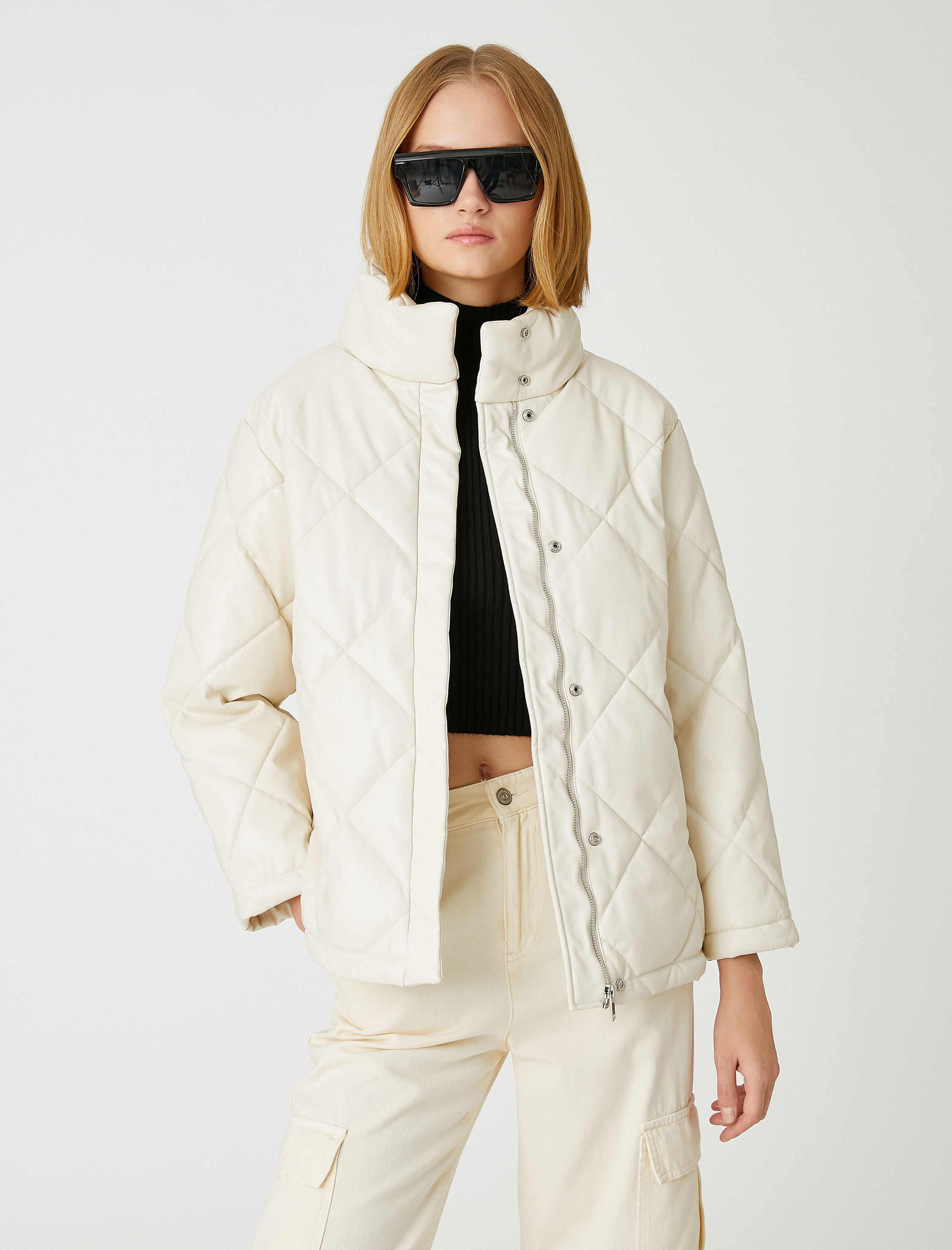   Suni Deri Şişme Mont Dik Yaka Çıtçıtlı