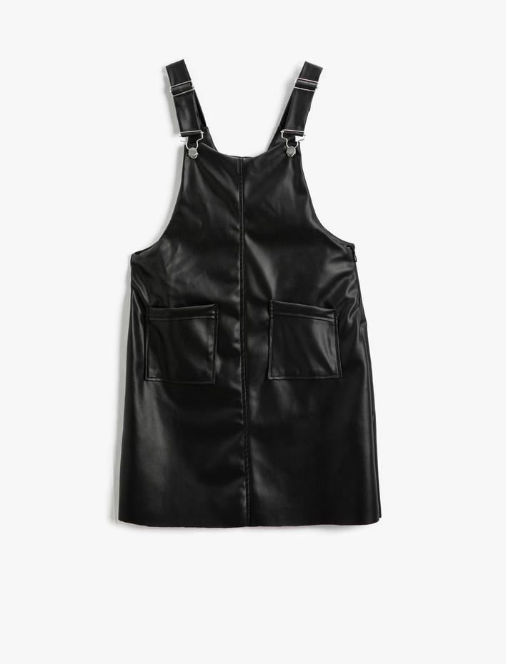 Kız Çocuk Deri Görünümlü Salopet Elbise Cepli