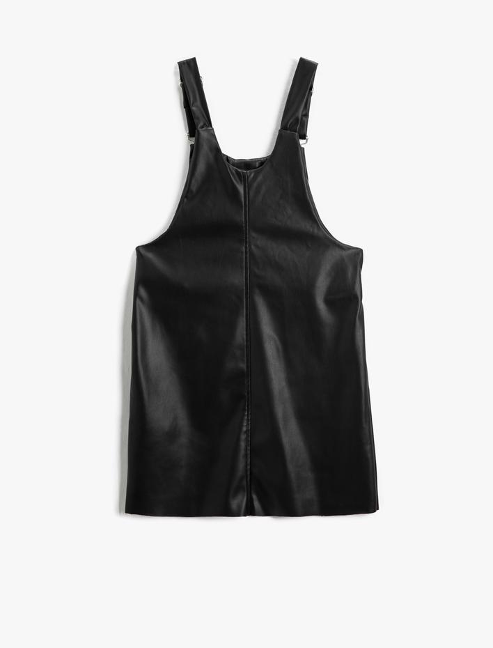 Kız Çocuk Deri Görünümlü Salopet Elbise Cepli