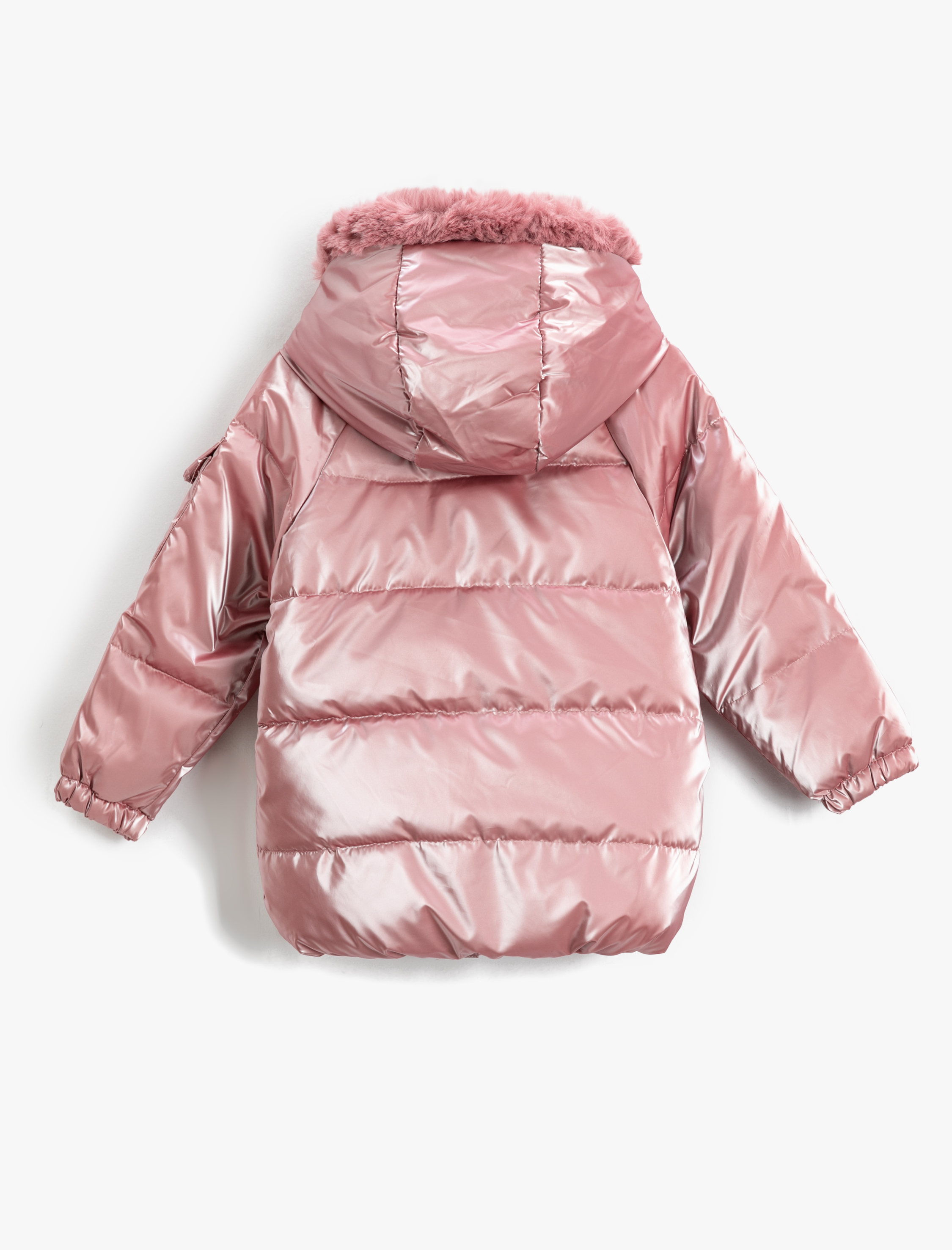  Kız Çocuk Uzun Parlak Şişme Mont Kapüşonlu Suni Kürk Detaylı