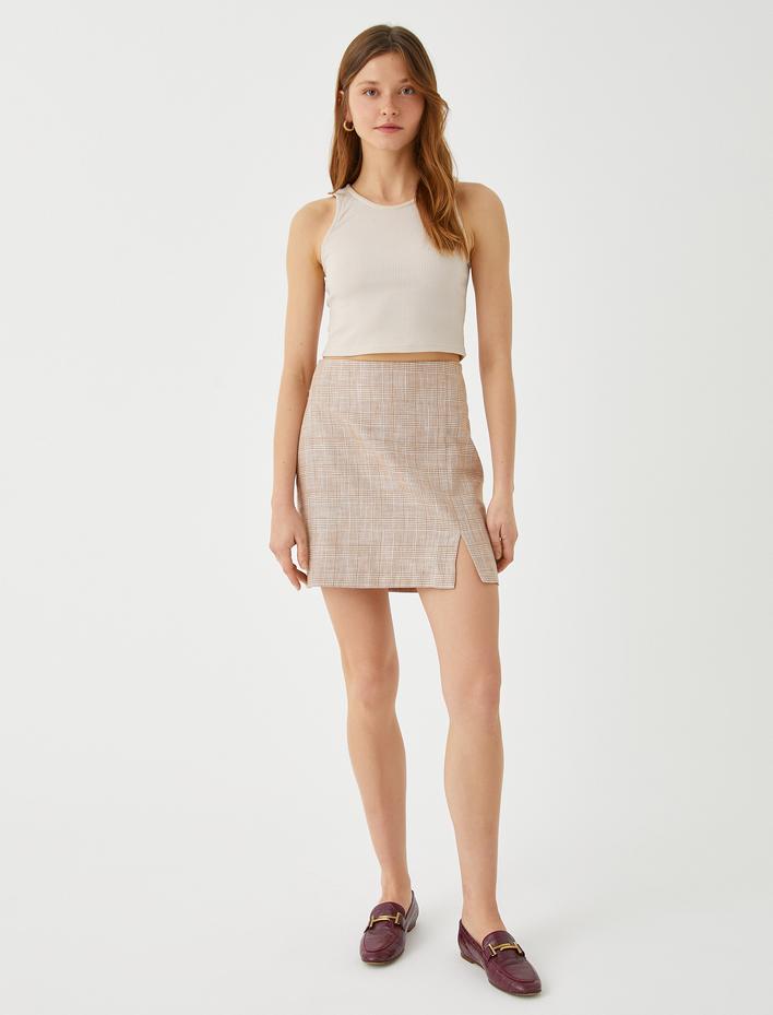  Mini Etek Yırtmaç Detaylı Keten Karışımlı