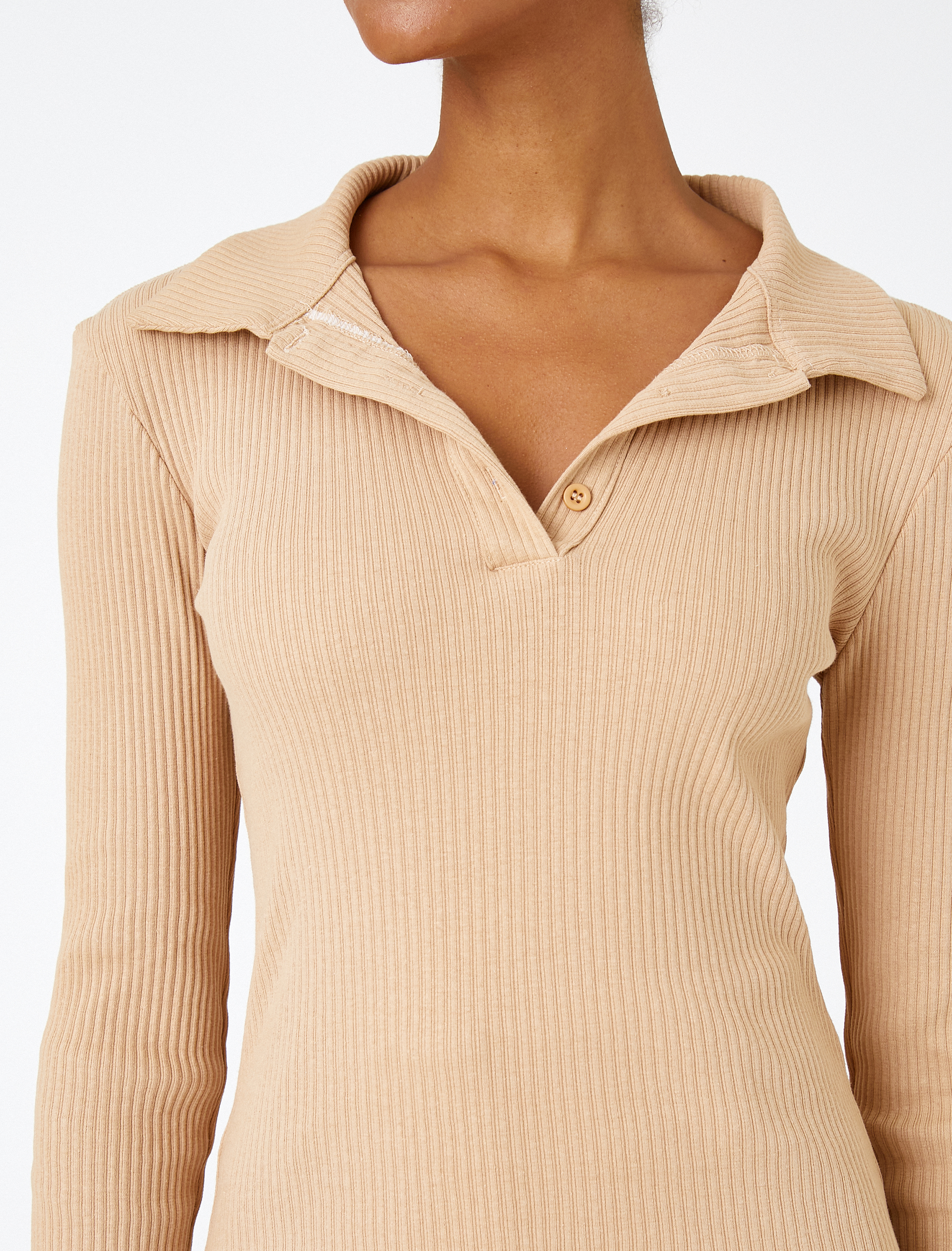   Uzun Kollu Tişört Polo Yaka Düğmeli Basic