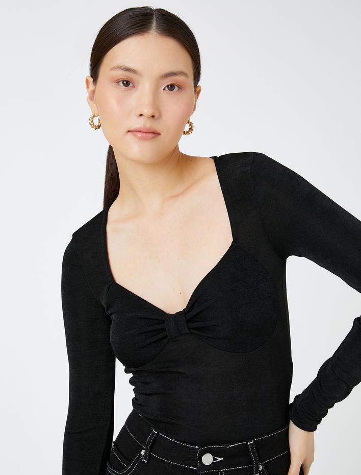  Fiyonk Detaylı Tişört Dar Kesim Uzun Kollu