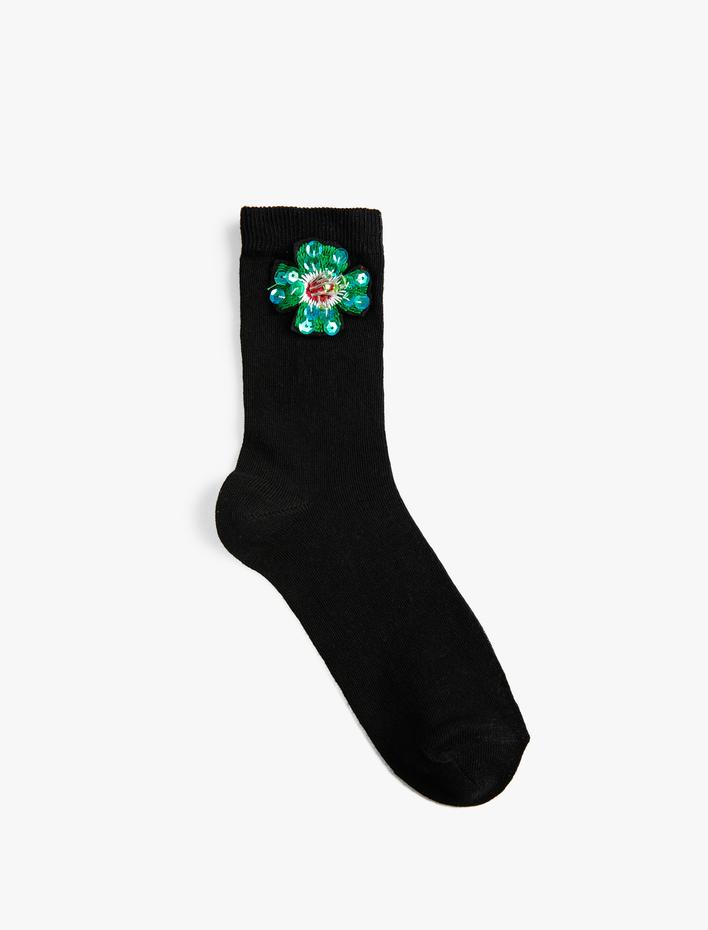 Kadın Basic Çiçekli Soket Çorap İşleme Detaylı