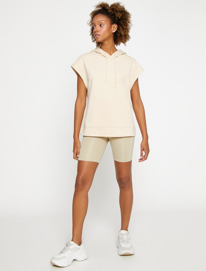  Kısa Kollu Sweatshirt Kapüşonlu Pamuklu