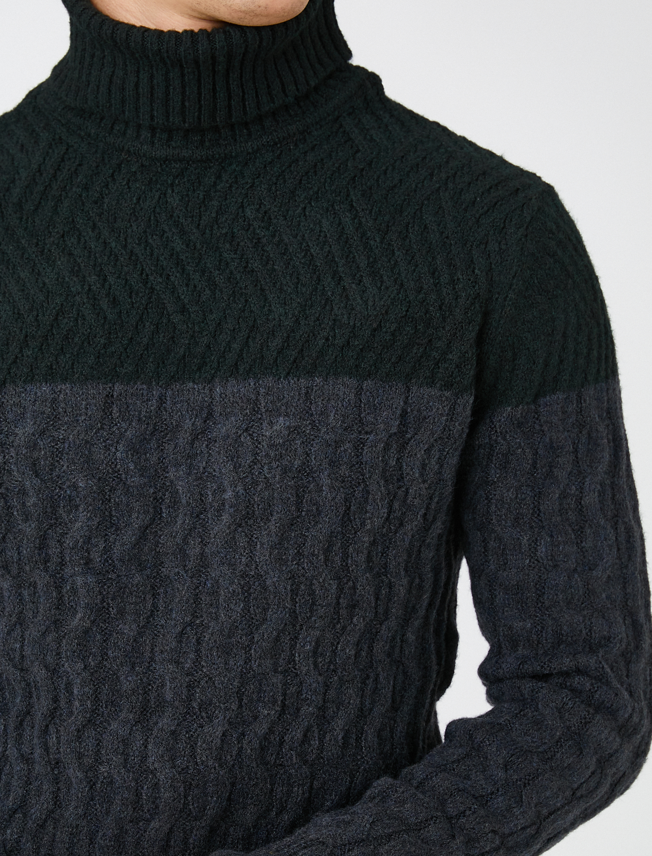   Basic Boğazlı Kazak Melanj Renk Bloklu Örgü Detaylı