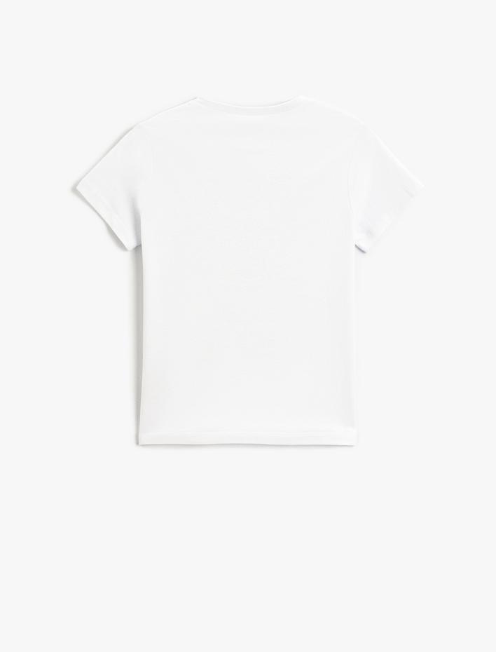 Kız Çocuk Simli Baskılı Kısa Kollu Tişört Bisiklet Yaka Pamuklu