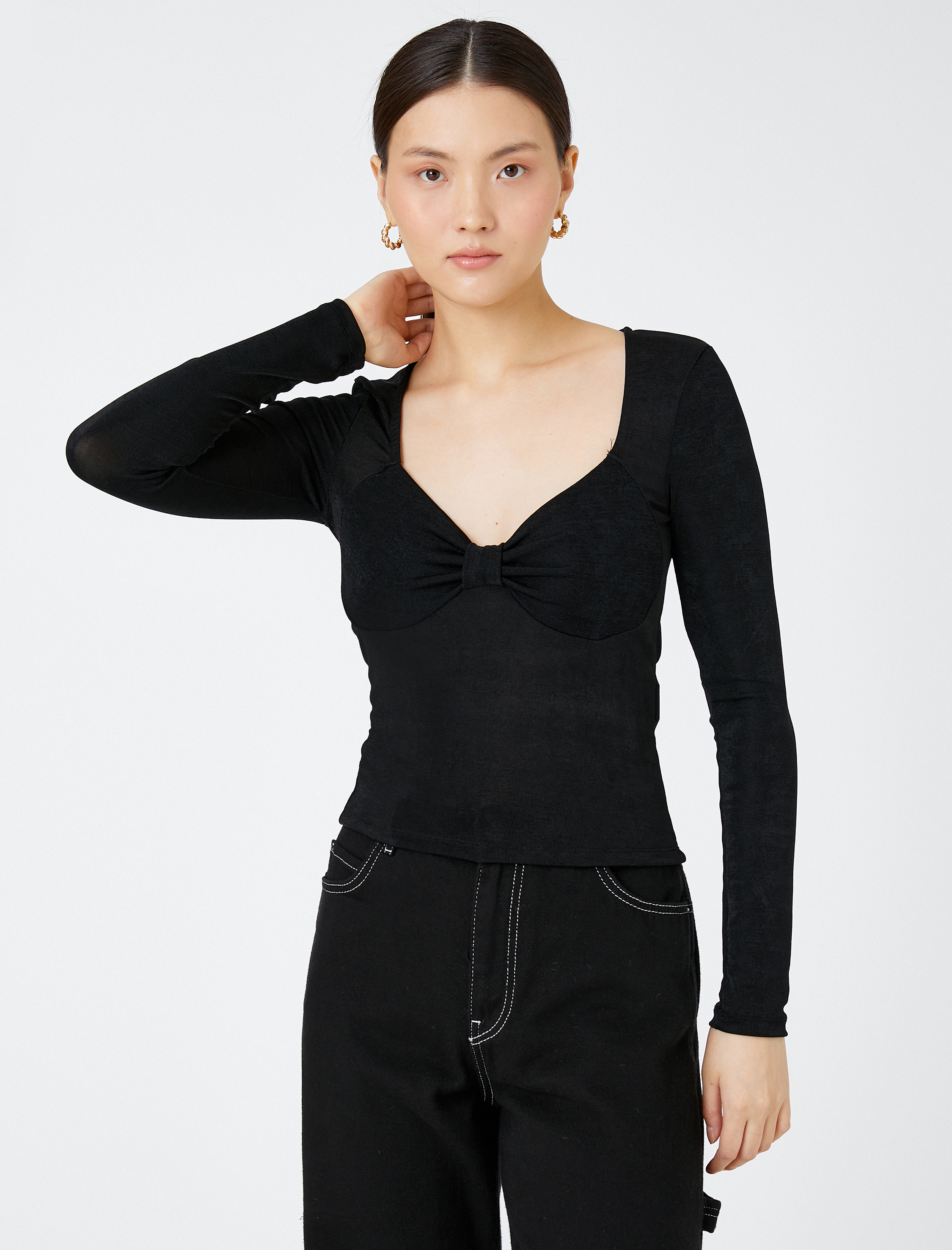   Fiyonk Detaylı Tişört Dar Kesim Uzun Kollu