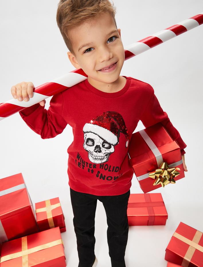 Erkek Çocuk Sweatshirt Pul Payet İşlemeli Yılbaşı Temalı Kuru Kafa Baskılı