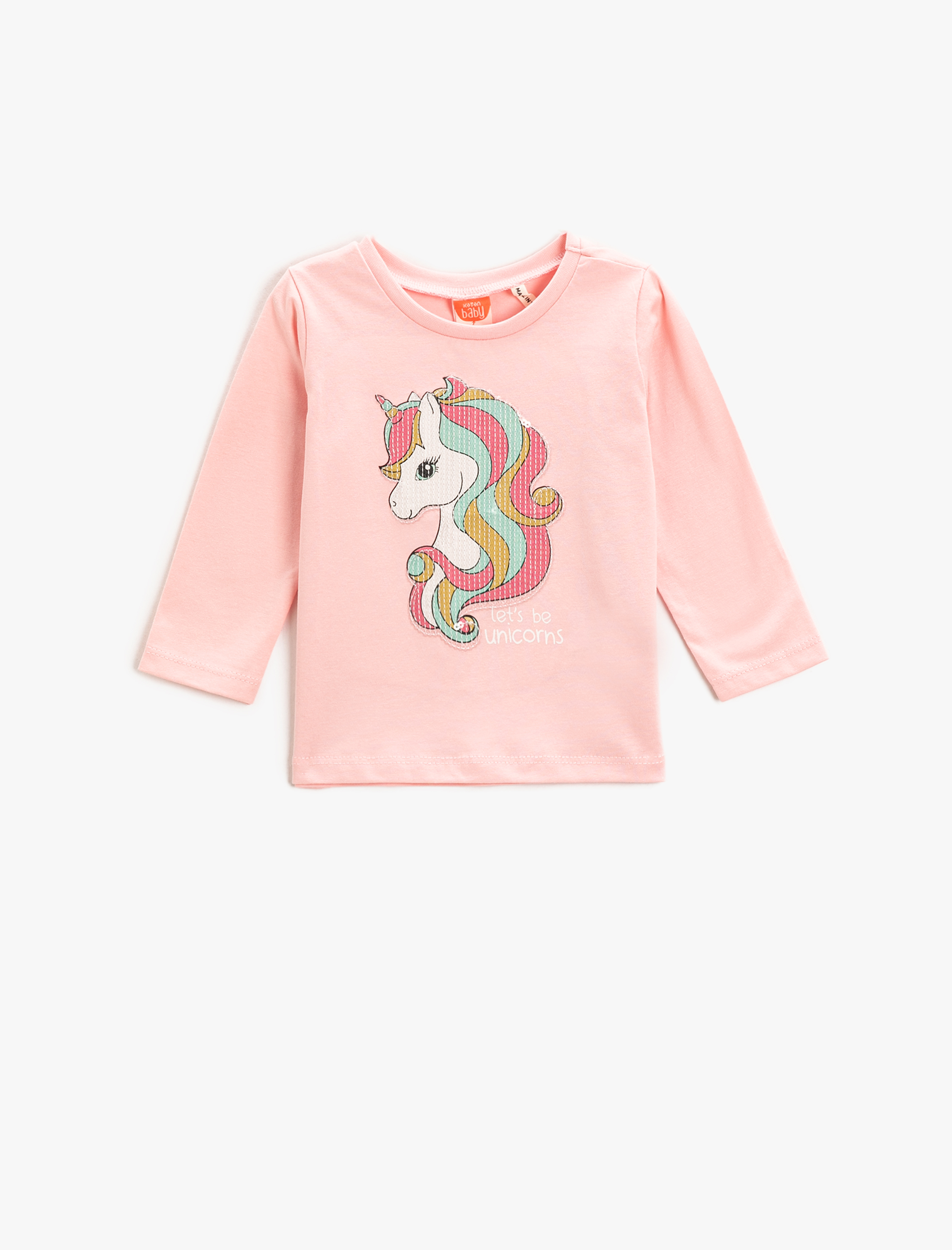  Kız Bebek Unicorn Pul Payet İşlemeli Uzun Kollu Tişört Bisiklet Yaka Pamuklu