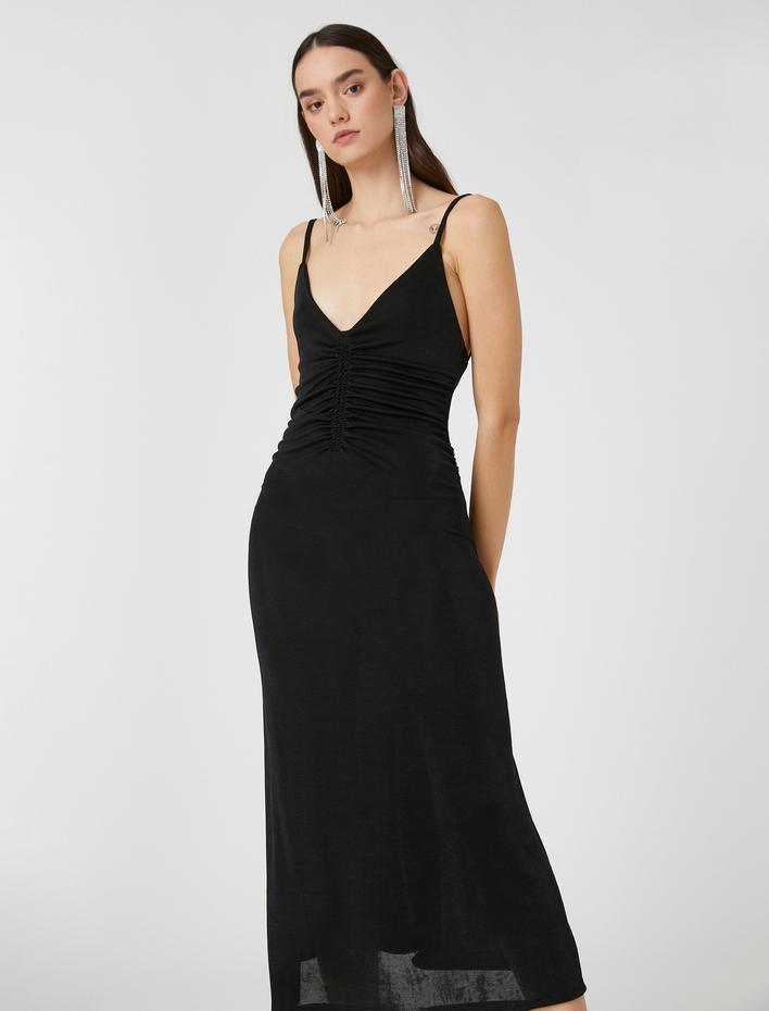  Askılı Elbise Büzgü Detaylı V Yaka