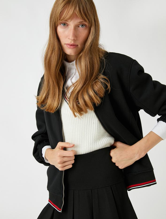  Bomber Fermuarlı Sweatshirt Şerit Detaylı