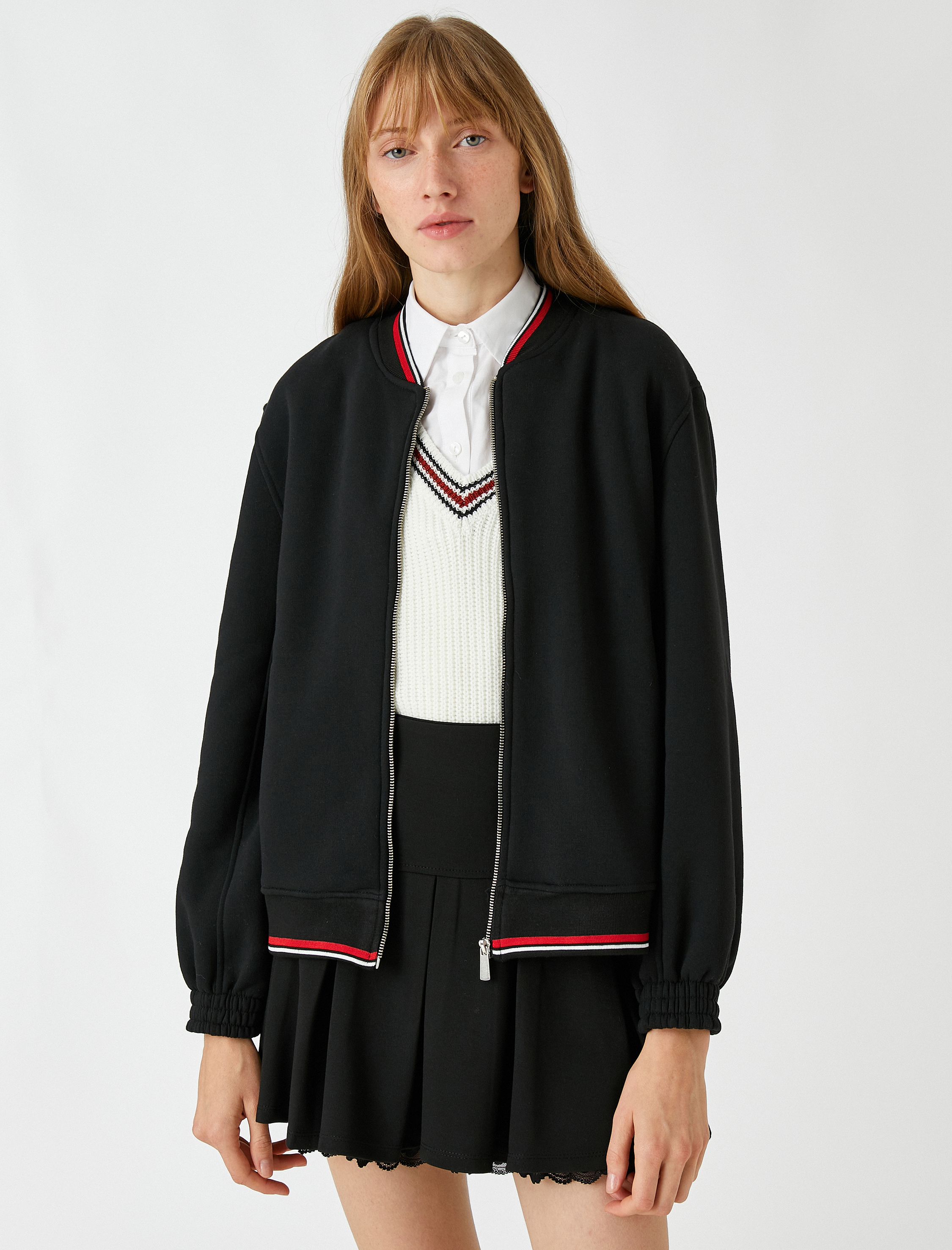   Bomber Fermuarlı Sweatshirt Şerit Detaylı