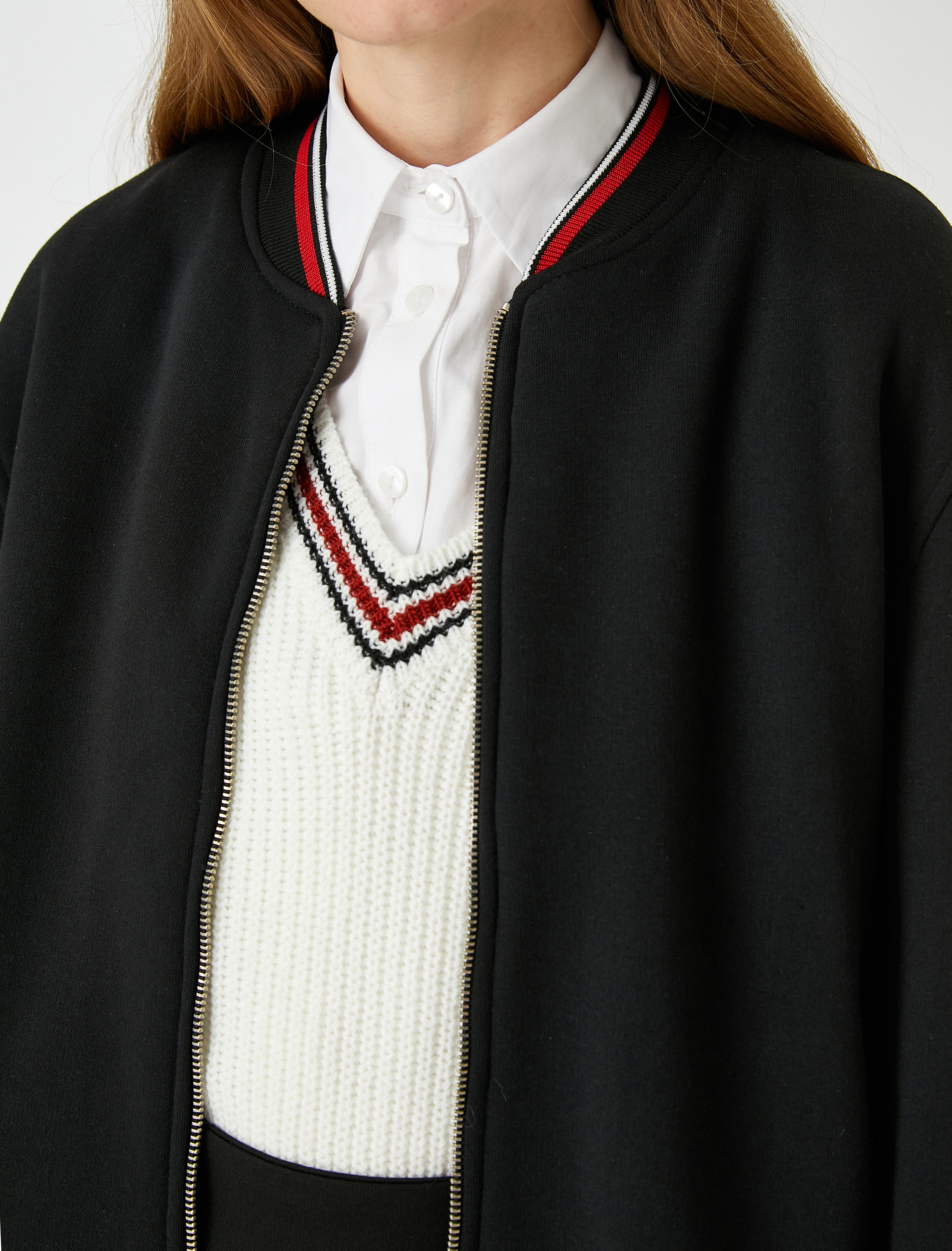   Bomber Fermuarlı Sweatshirt Şerit Detaylı