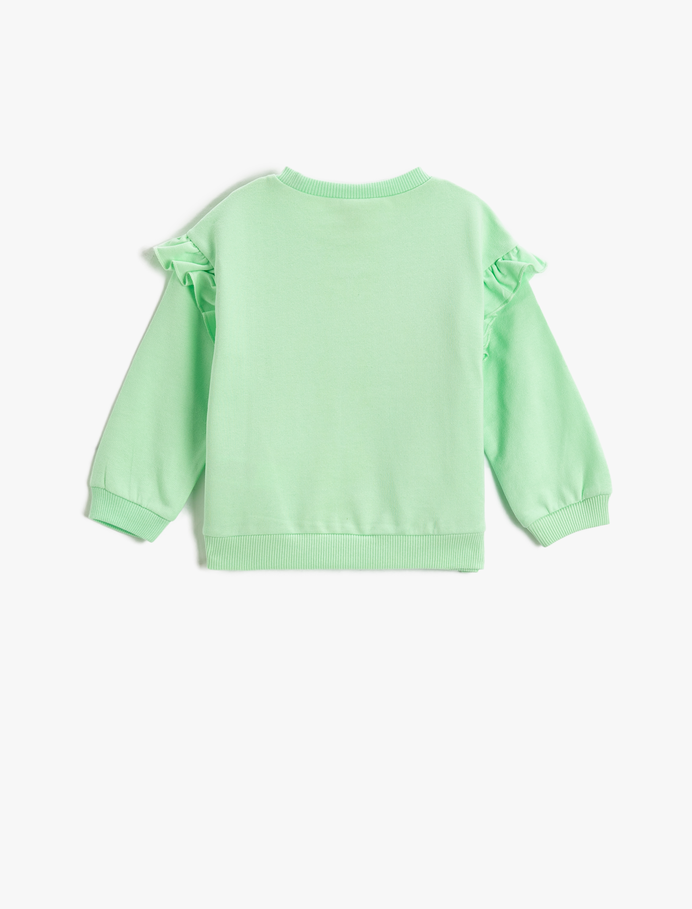 Kız Bebek Fırfır Detaylı Baskılı Sweatshirt Uzun Kollu Bisiklet Yaka Şardonlu
