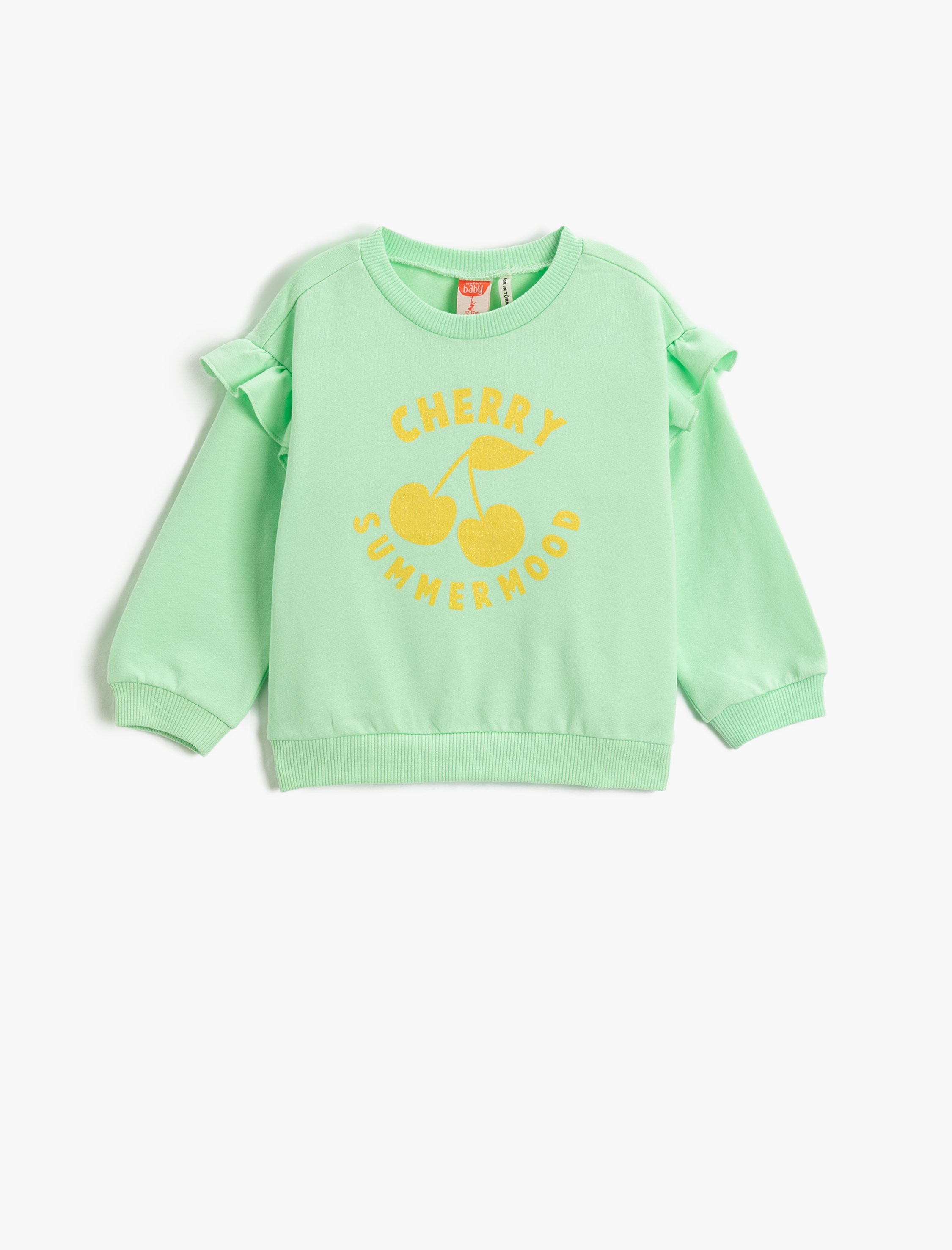 Kız Bebek Fırfır Detaylı Baskılı Sweatshirt Uzun Kollu Bisiklet Yaka Şardonlu