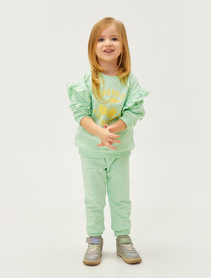 Kız Bebek Fırfır Detaylı Baskılı Sweatshirt Uzun Kollu Bisiklet Yaka Şardonlu