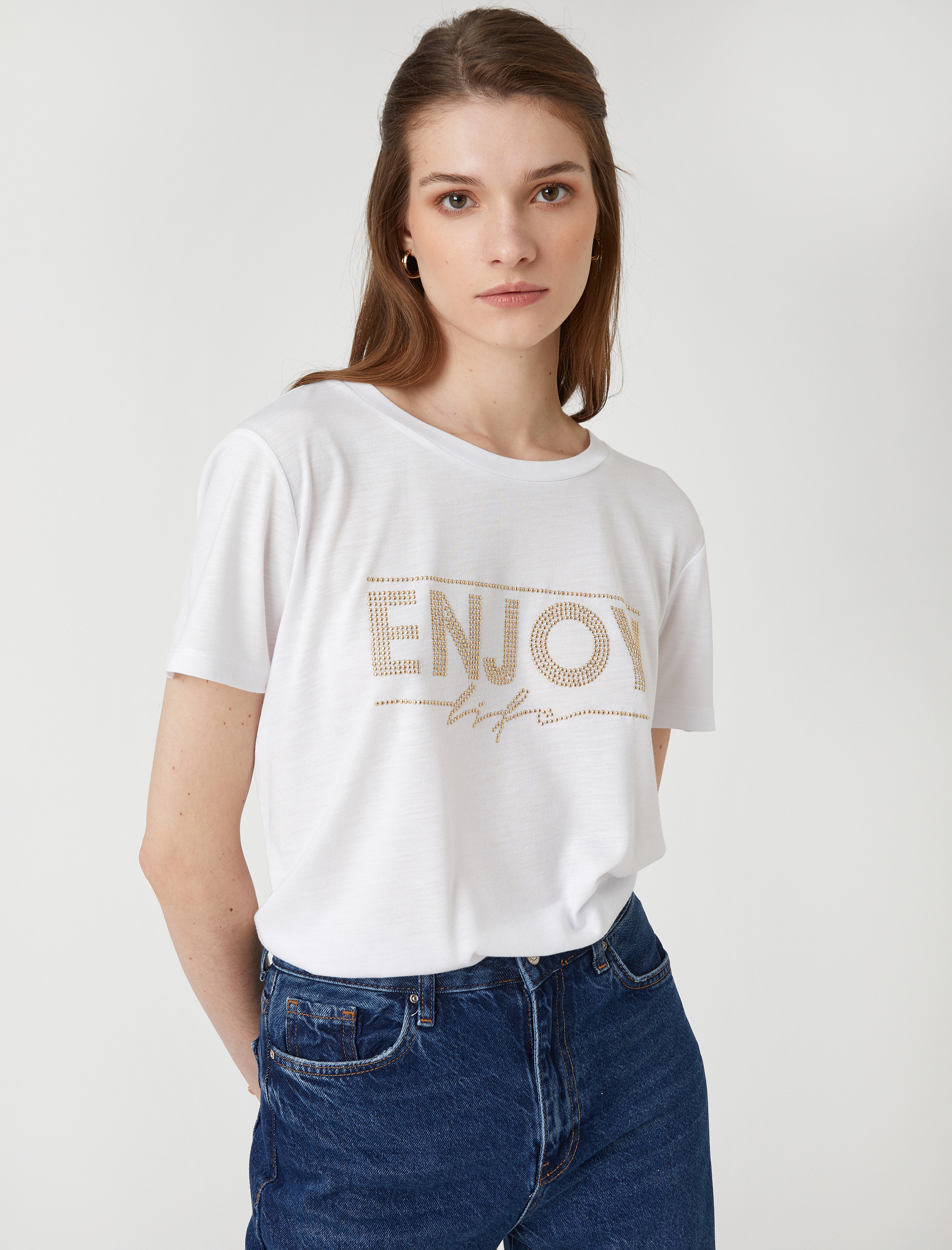   Taşlı Tişört Kısa Kollu Bisiklet Yaka