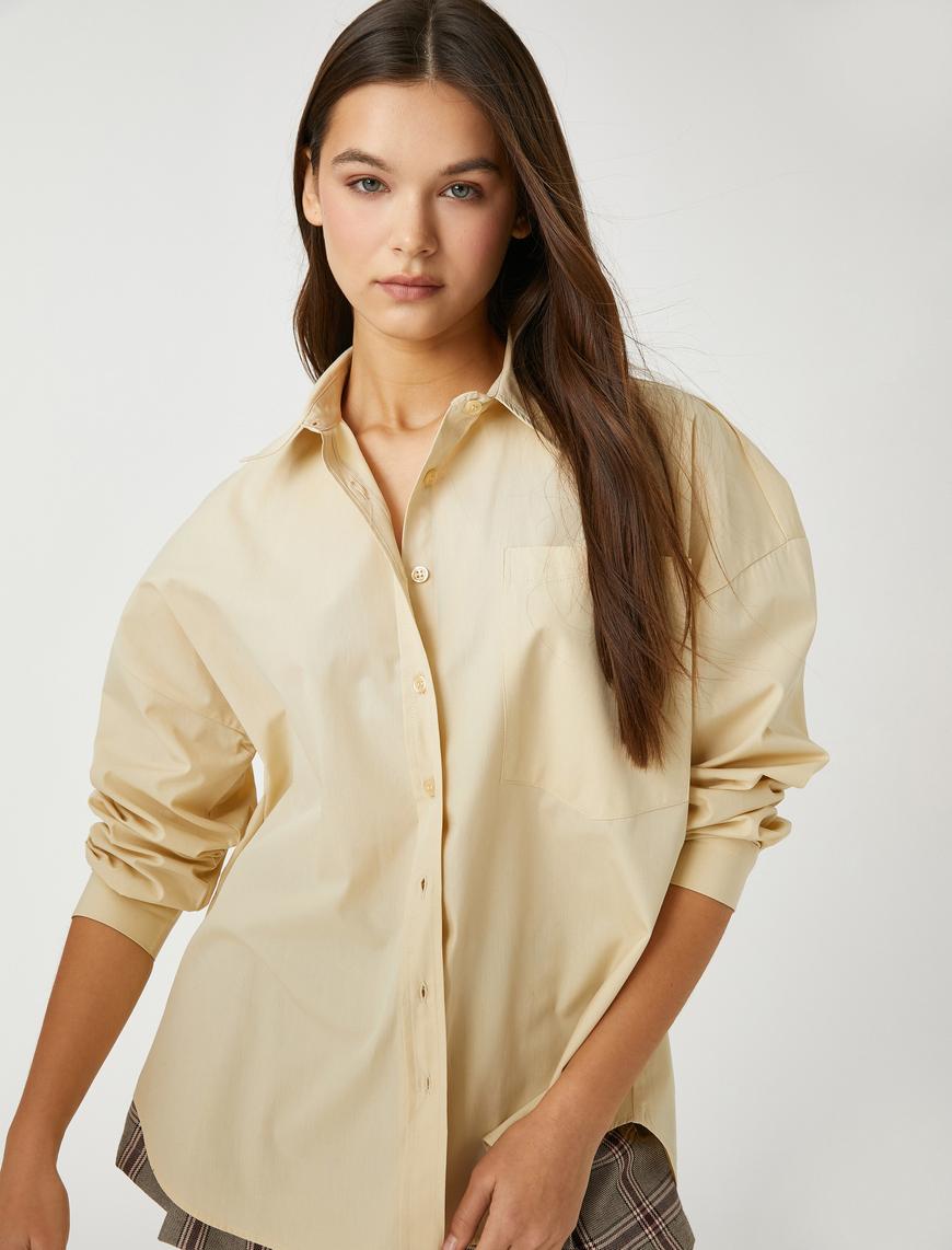   Oversize Gömlek Pamuklu Uzun Kollu Cep Detaylı
