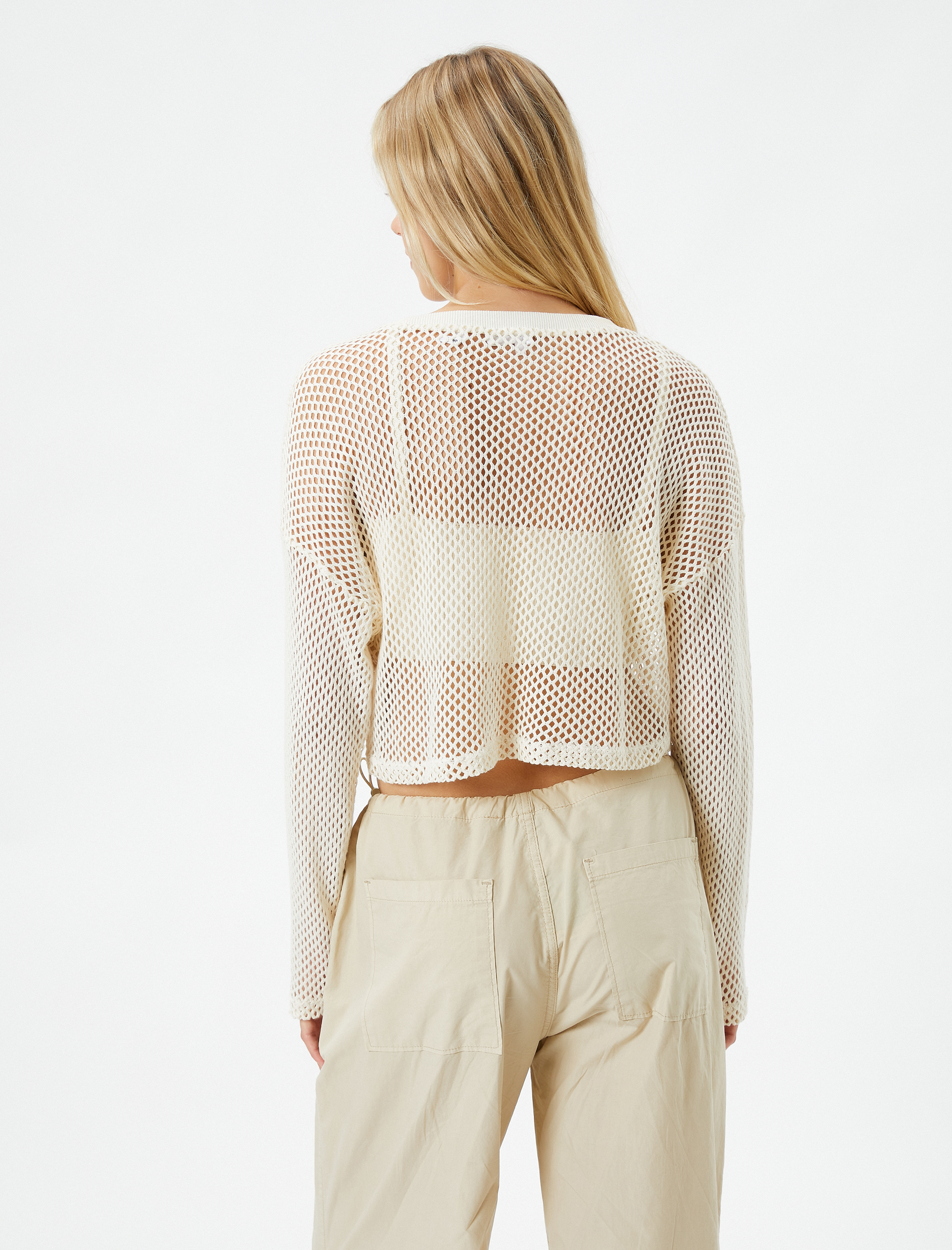   Uzun Kollu Tişört File Örgü Crop Bisiklet Yaka