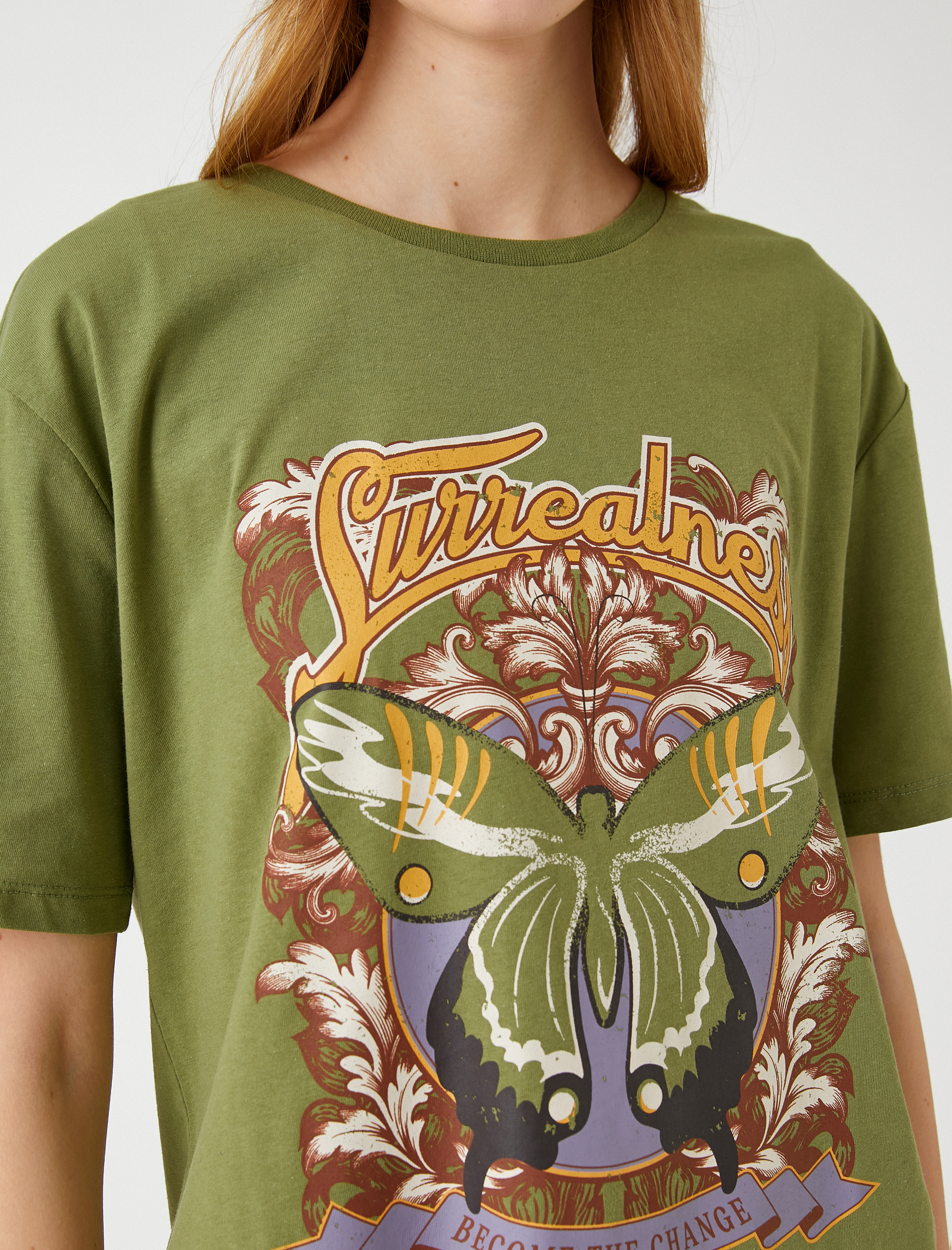   Kısa Kollu Tişört Kelebek Baskılı Bisiklet Yaka