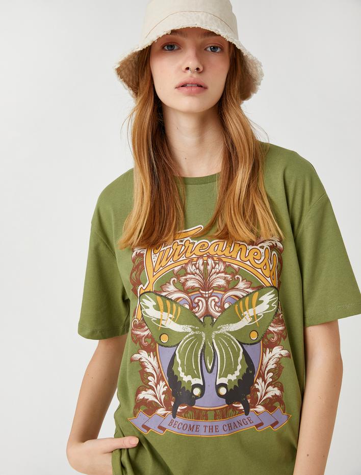  Kısa Kollu Tişört Kelebek Baskılı Bisiklet Yaka