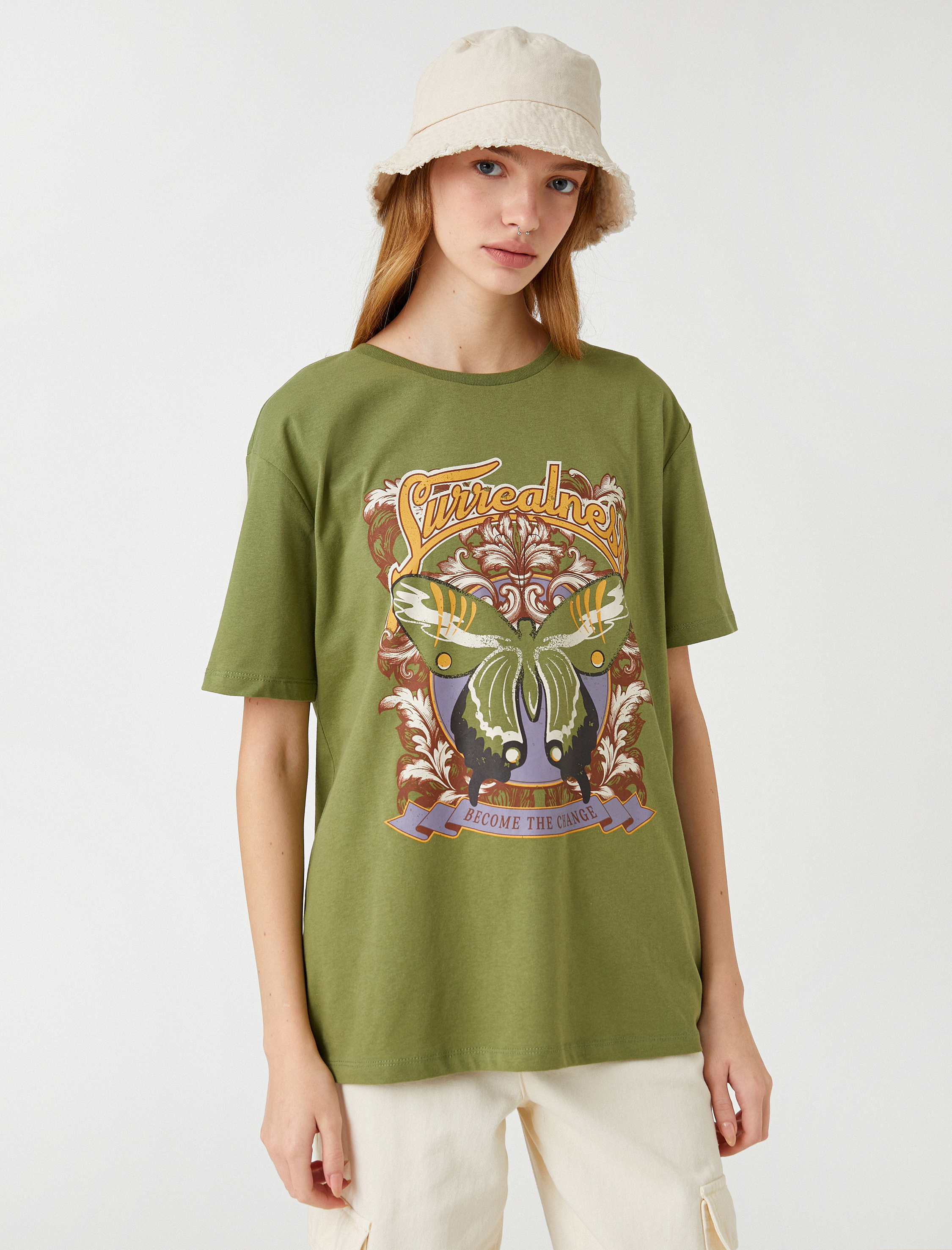   Kısa Kollu Tişört Kelebek Baskılı Bisiklet Yaka