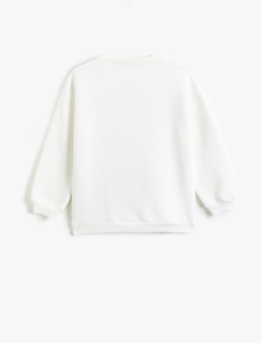  Kız Çocuk Kelebek Baskılı Simli Sweatshirt Uzun Kollu Bisiklet Yaka Şardonlu