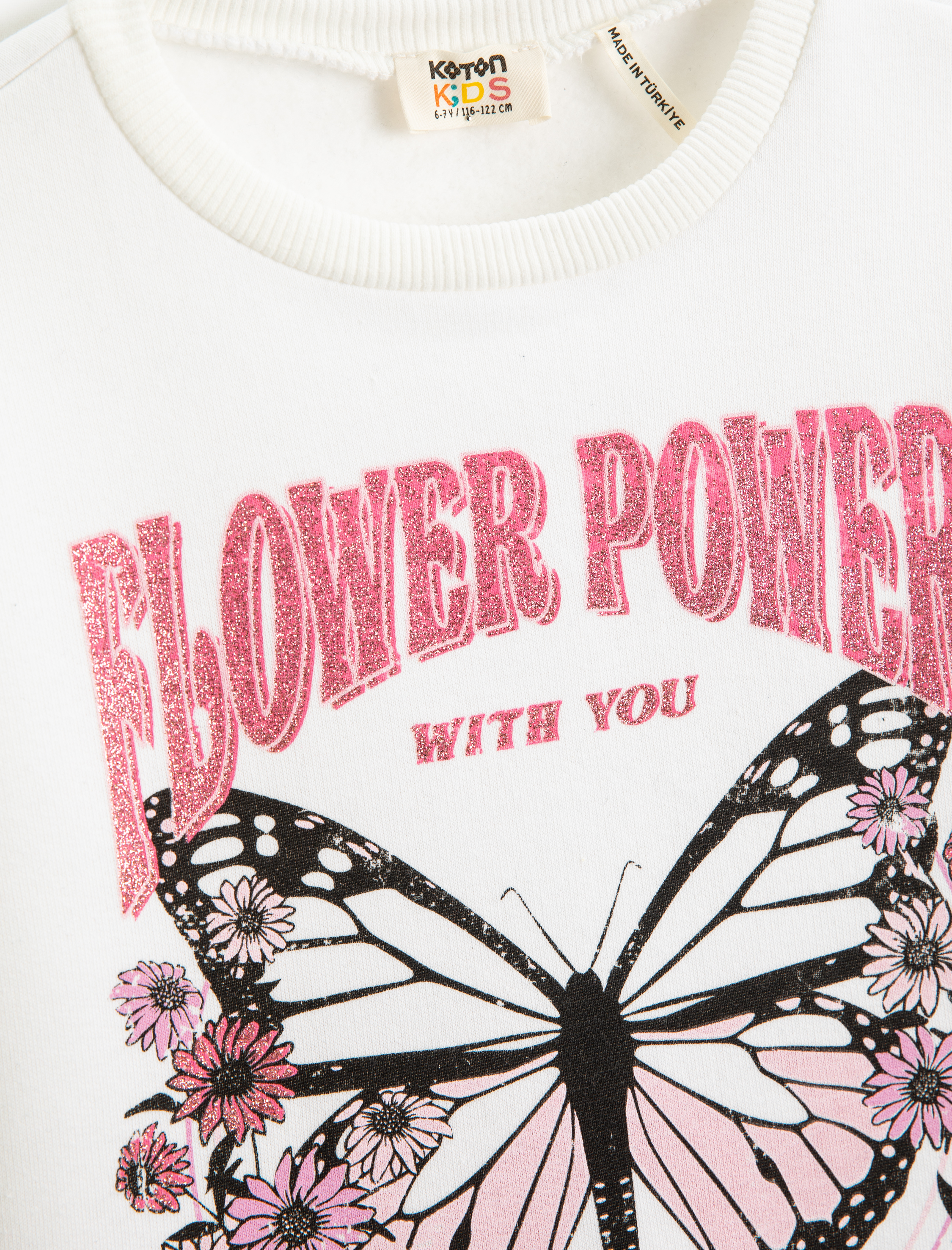  Kız Çocuk Kelebek Baskılı Simli Sweatshirt Uzun Kollu Bisiklet Yaka Şardonlu