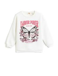 Kelebek Baskılı Simli Sweatshirt Uzun Kollu Bisiklet Yaka Şardonlu