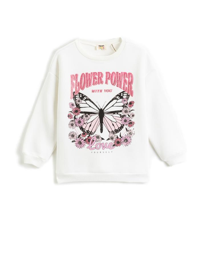 Kız Çocuk Kelebek Baskılı Simli Sweatshirt Uzun Kollu Bisiklet Yaka Şardonlu