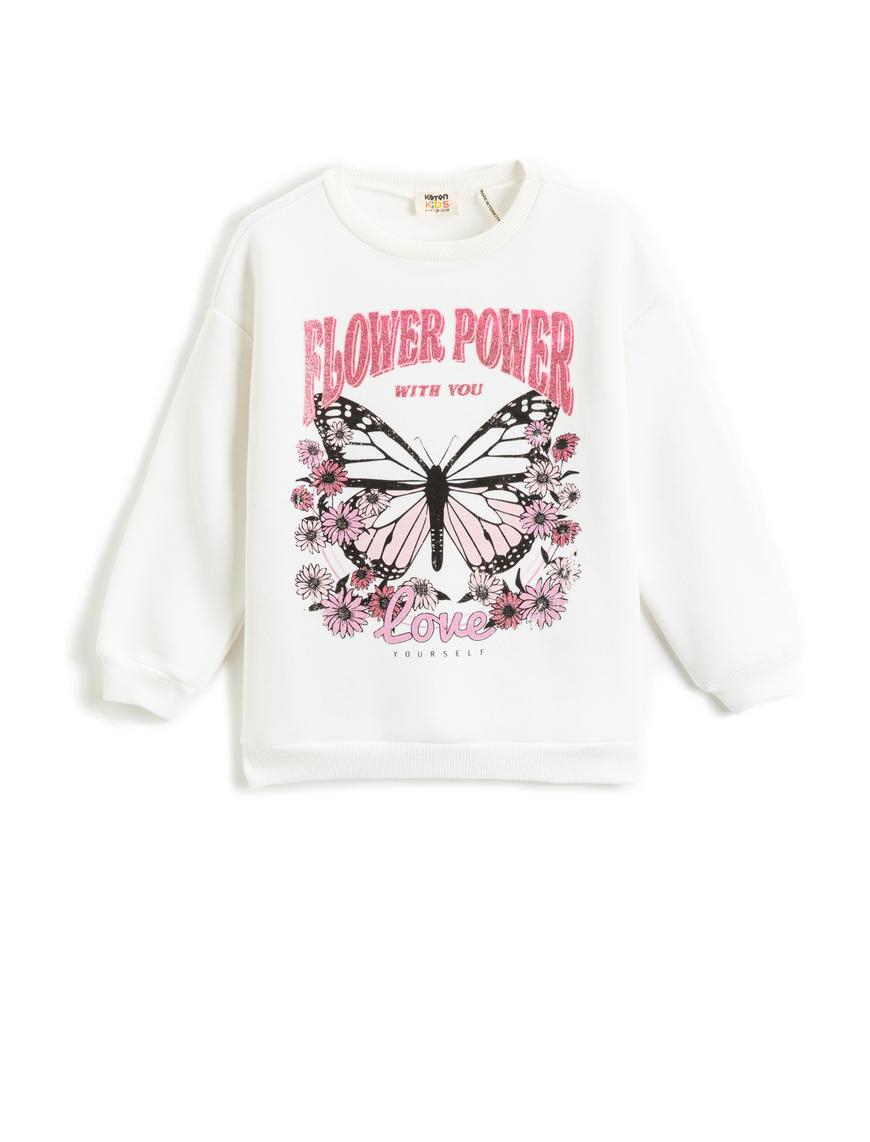  Kız Çocuk Kelebek Baskılı Simli Sweatshirt Uzun Kollu Bisiklet Yaka Şardonlu
