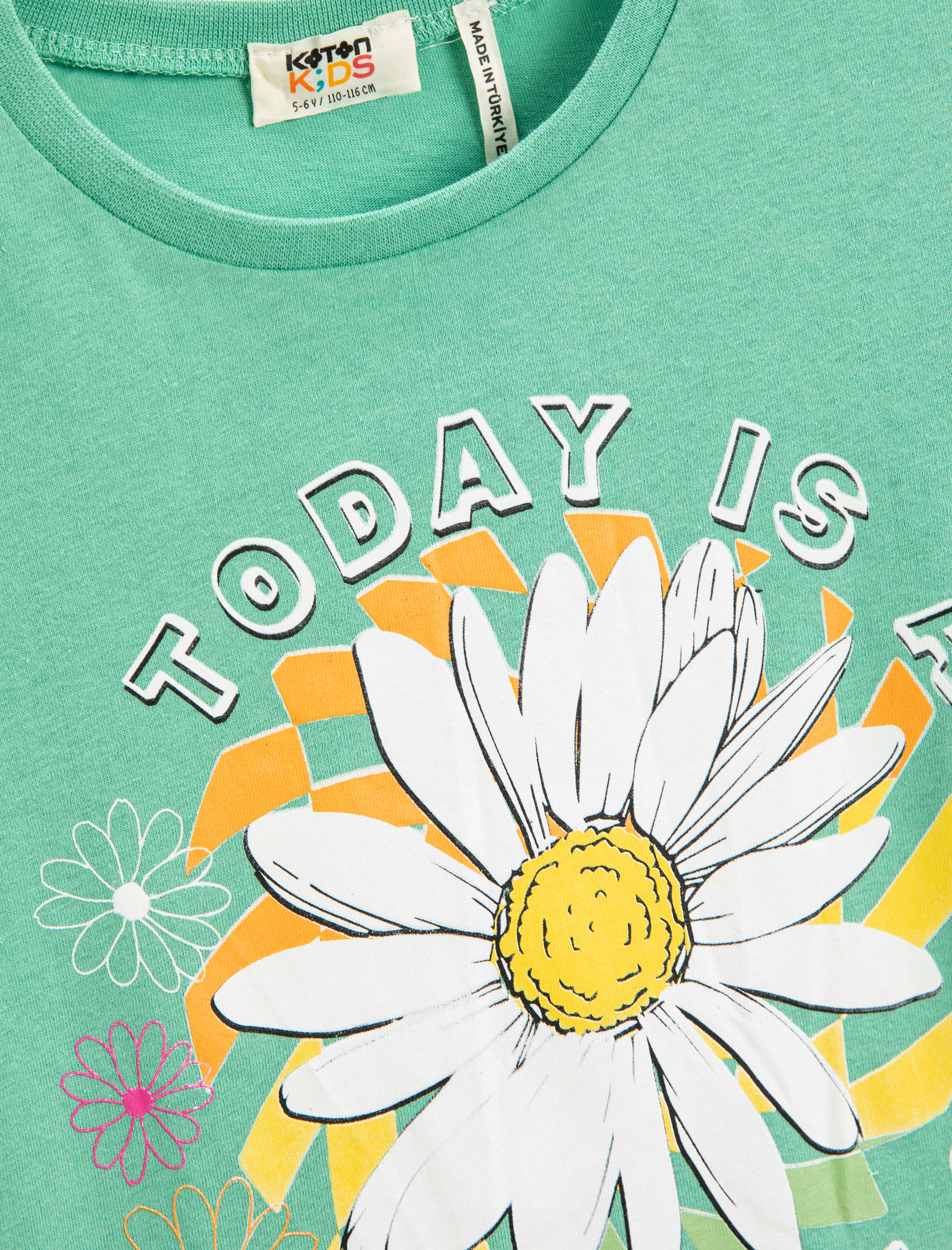  Kız Çocuk Papatya Baskılı Kısa Kollu Tişört Bisiklet Yaka