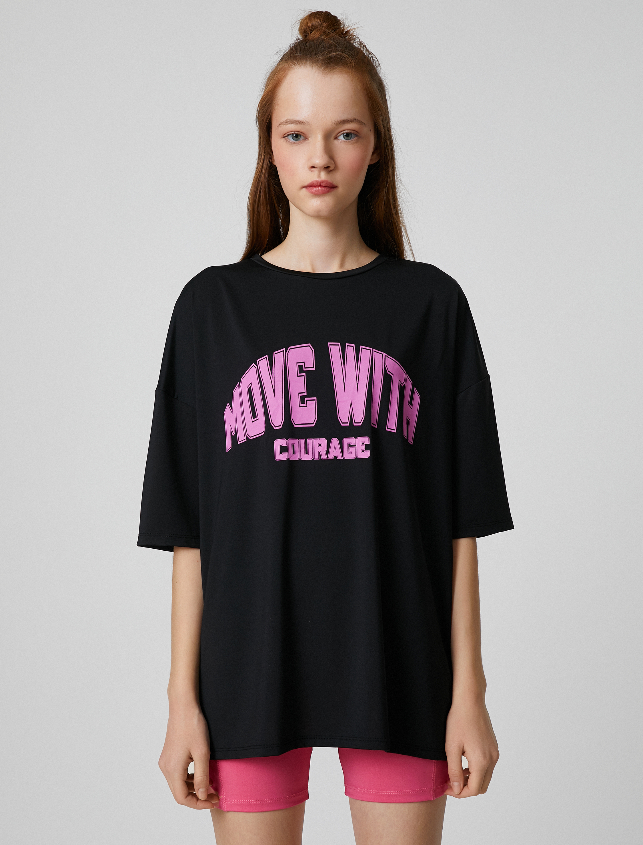   Oversize Spor Tişört Slogan Baskılı Bisiklet Yaka