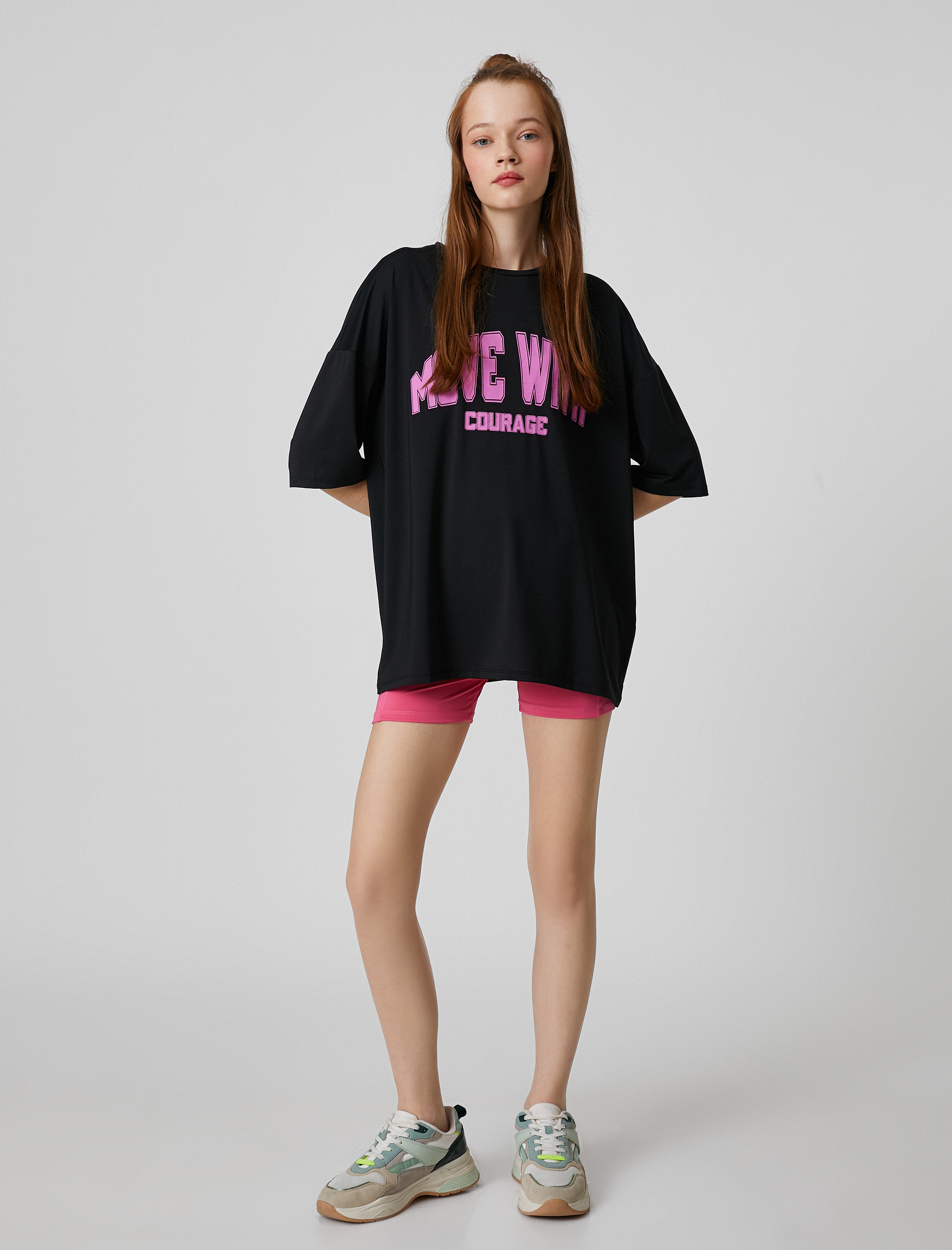   Oversize Spor Tişört Slogan Baskılı Bisiklet Yaka