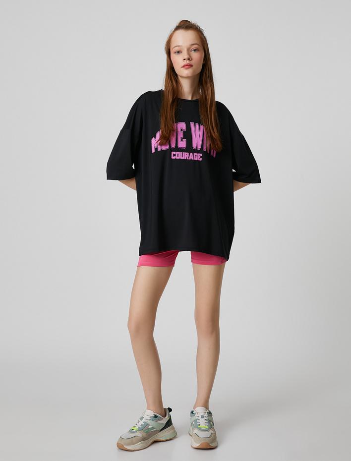  Oversize Spor Tişört Slogan Baskılı Bisiklet Yaka