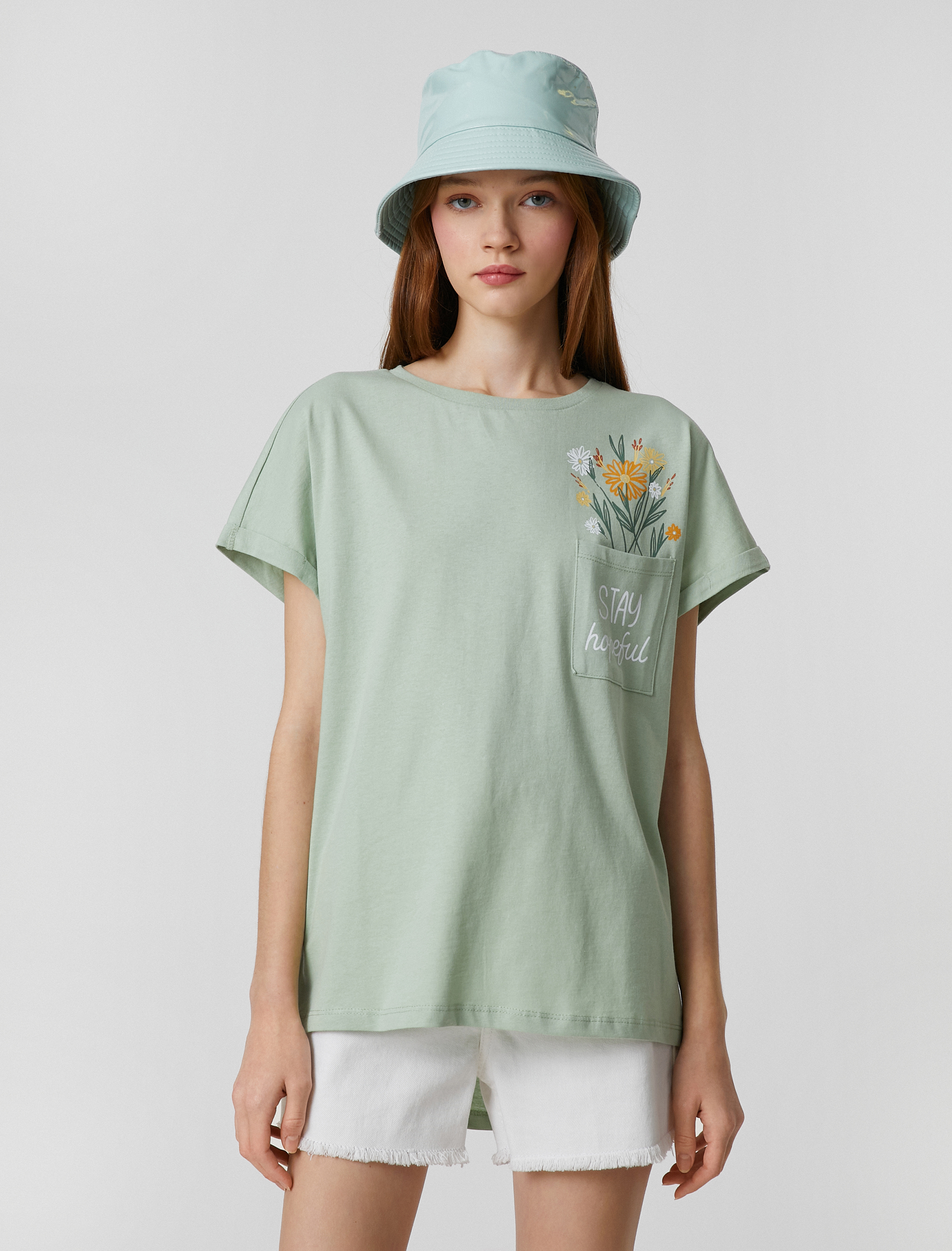   Baskılı Tişört Bisiklet Yaka Kısa Kollu Cep Detaylı