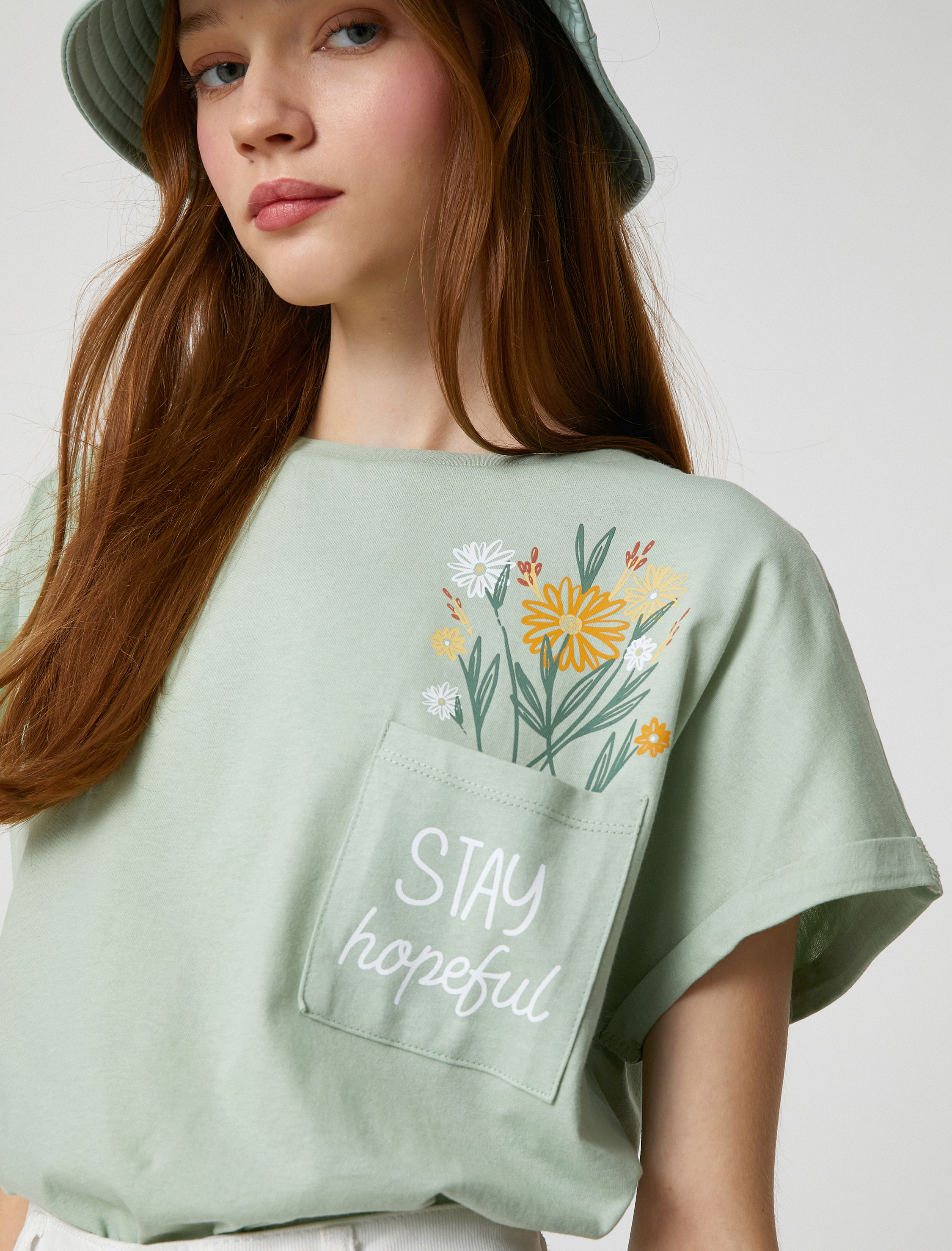   Baskılı Tişört Bisiklet Yaka Kısa Kollu Cep Detaylı