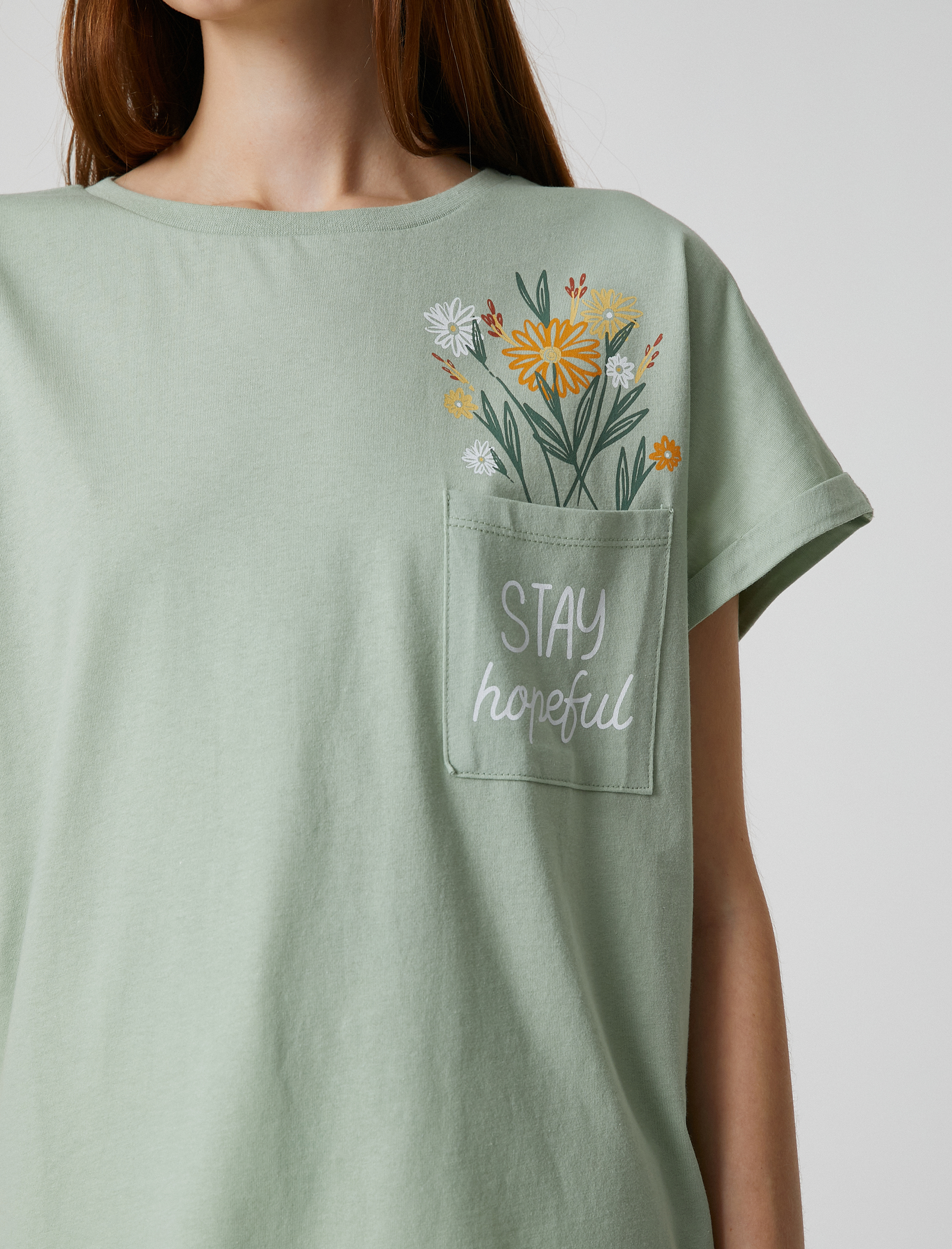   Baskılı Tişört Bisiklet Yaka Kısa Kollu Cep Detaylı