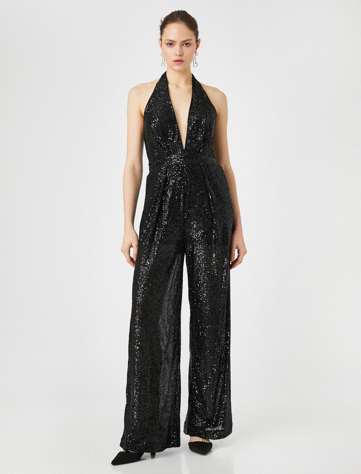  Payetli Abiye Tulum Sırt Dekolteli Derin V Yaka