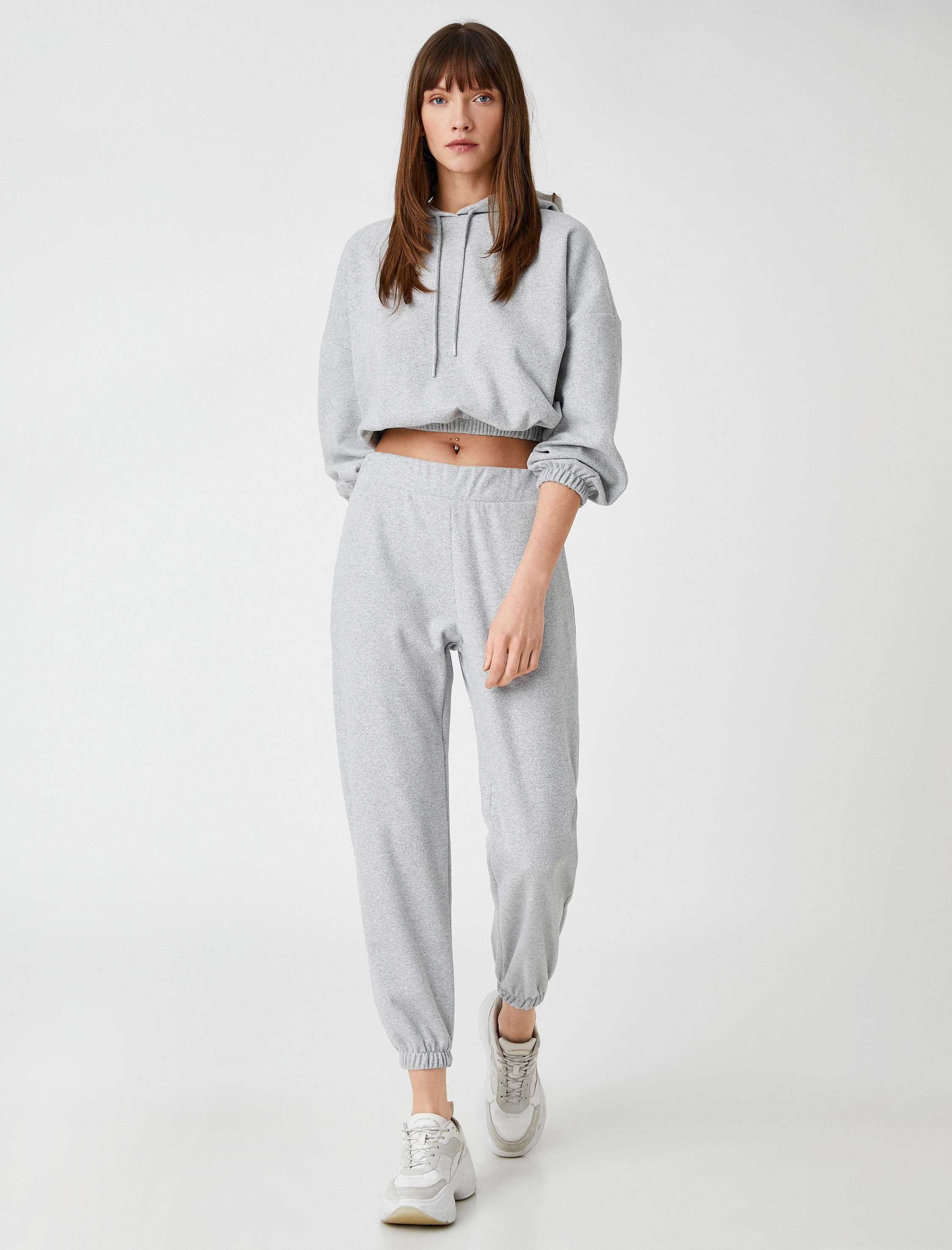 Crop Kapüşonlu Sweatshirt Beli Lastikli