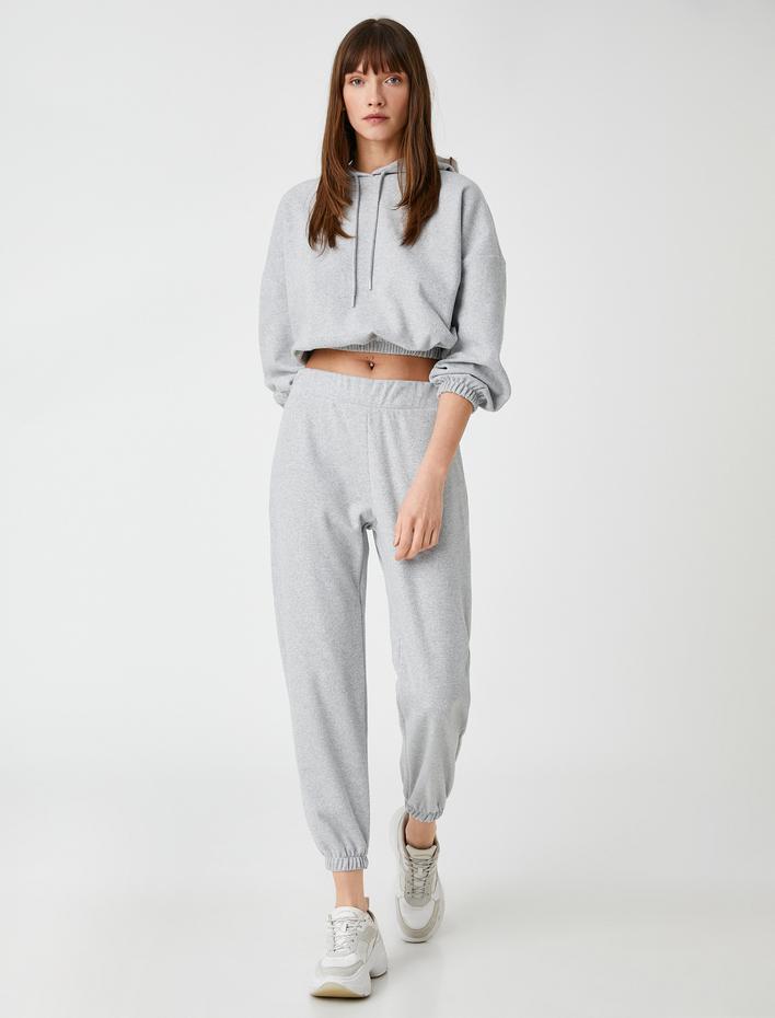  Crop Kapüşonlu Sweatshirt Beli Lastikli