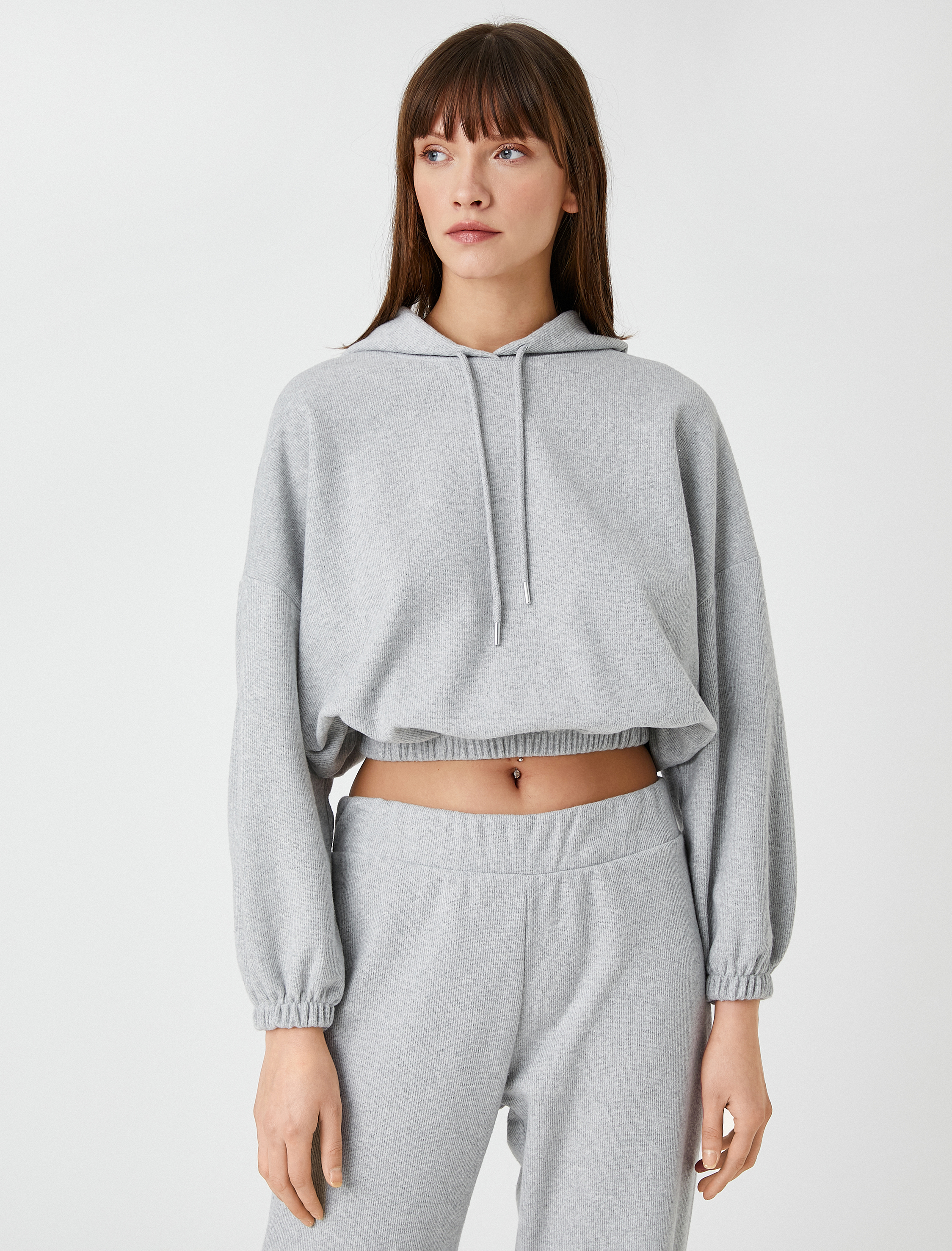 Crop Kapüşonlu Sweatshirt Beli Lastikli