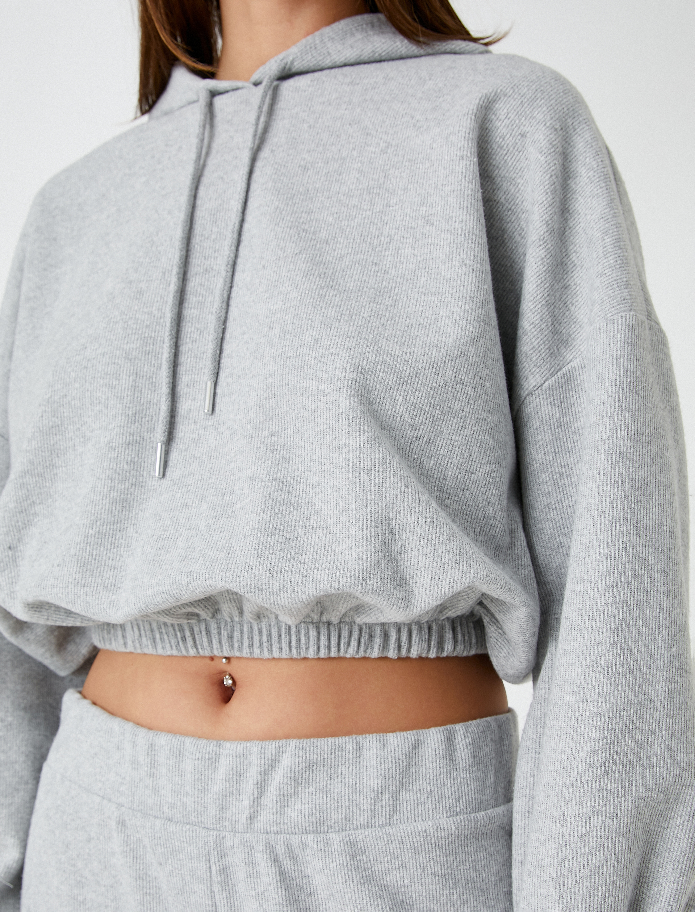 Crop Kapüşonlu Sweatshirt Beli Lastikli