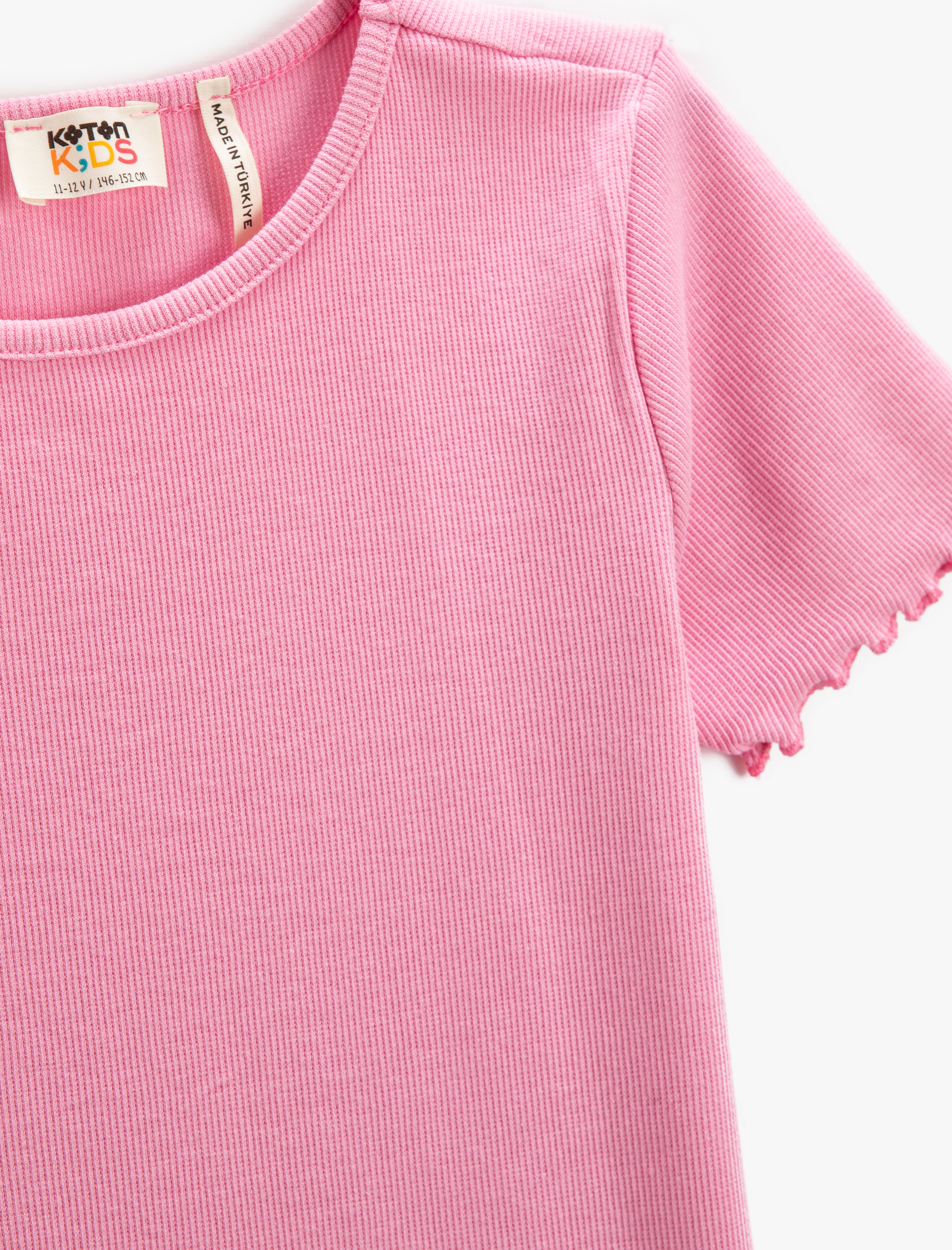  Kız Çocuk Basic Tişört Slim Fit Kısa Kollu Bisiklet Yaka Ribanalı