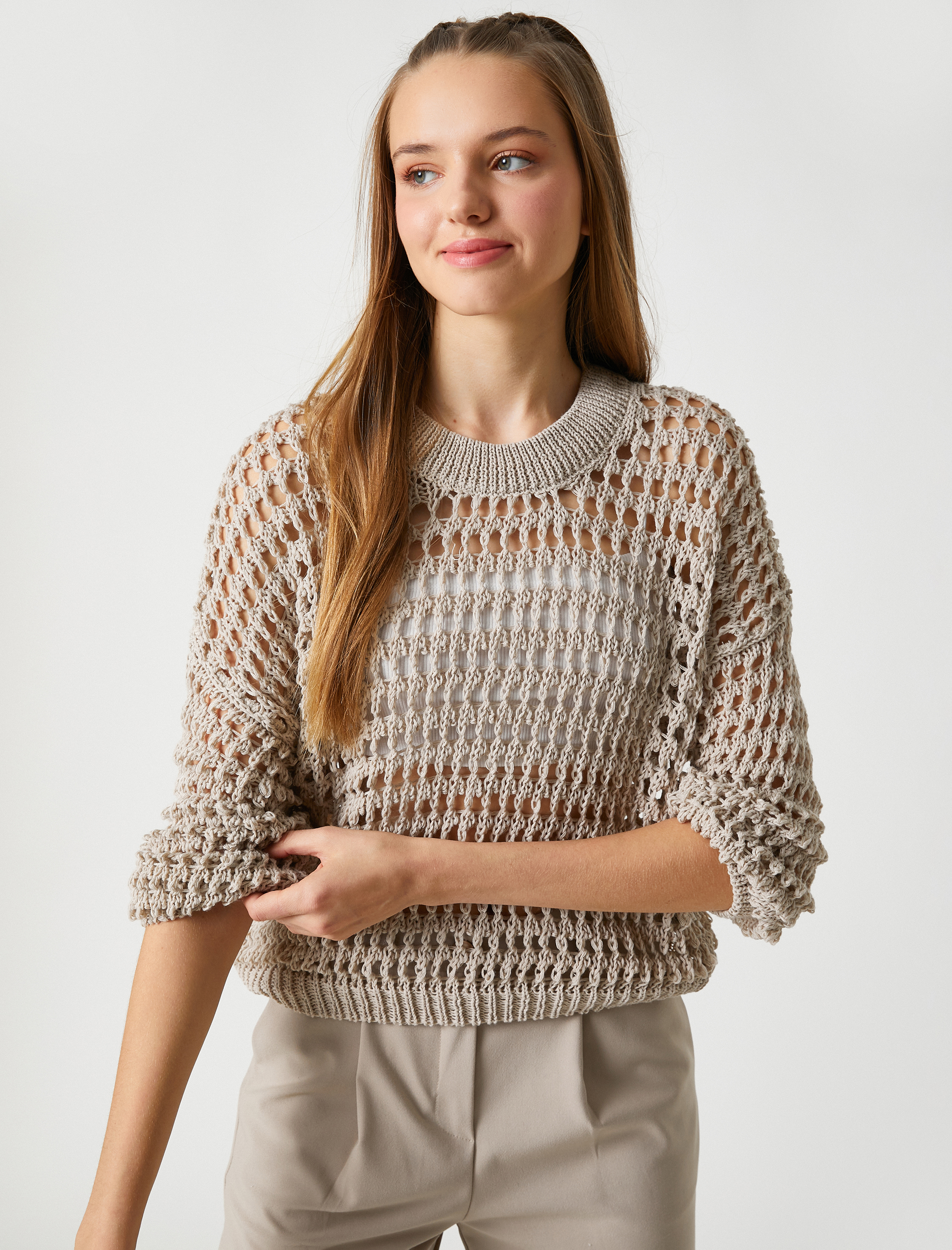   Bisiklet Yaka Triko Kazak Ajurlu File Uzun Kollu Ribanalı