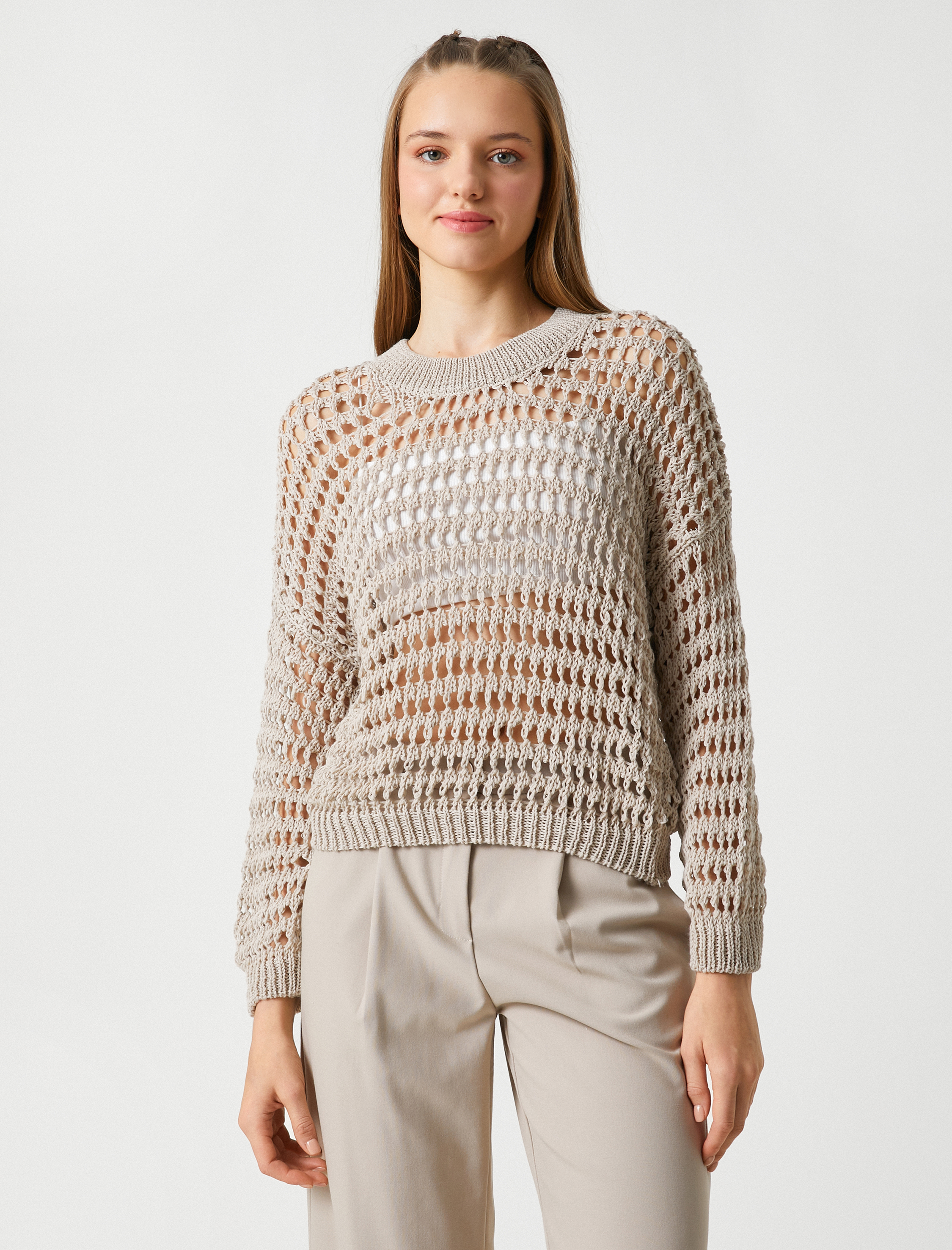   Bisiklet Yaka Triko Kazak Ajurlu File Uzun Kollu Ribanalı