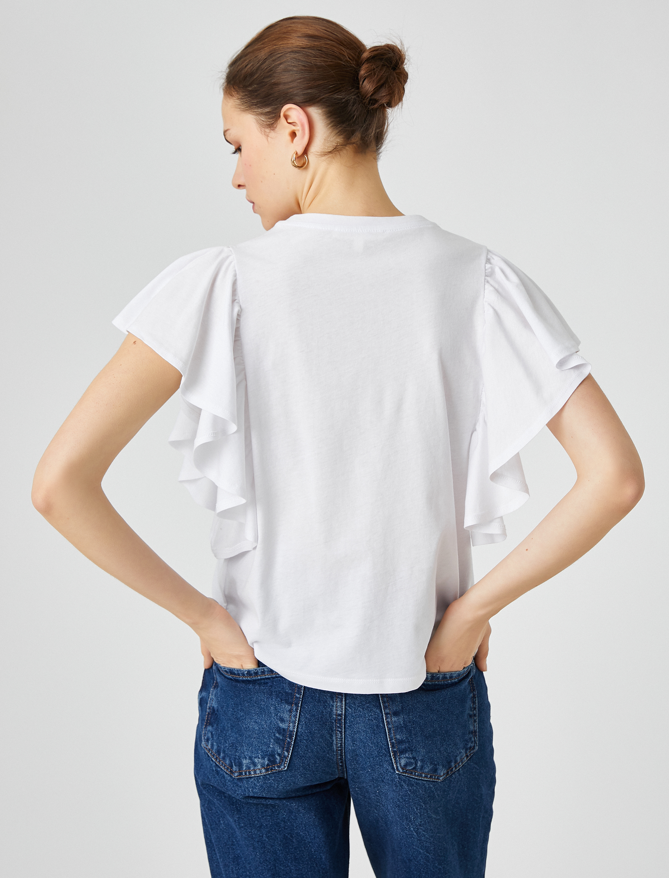   Kolları Volanlı Tişört Bisiklet Yaka Pamuklu