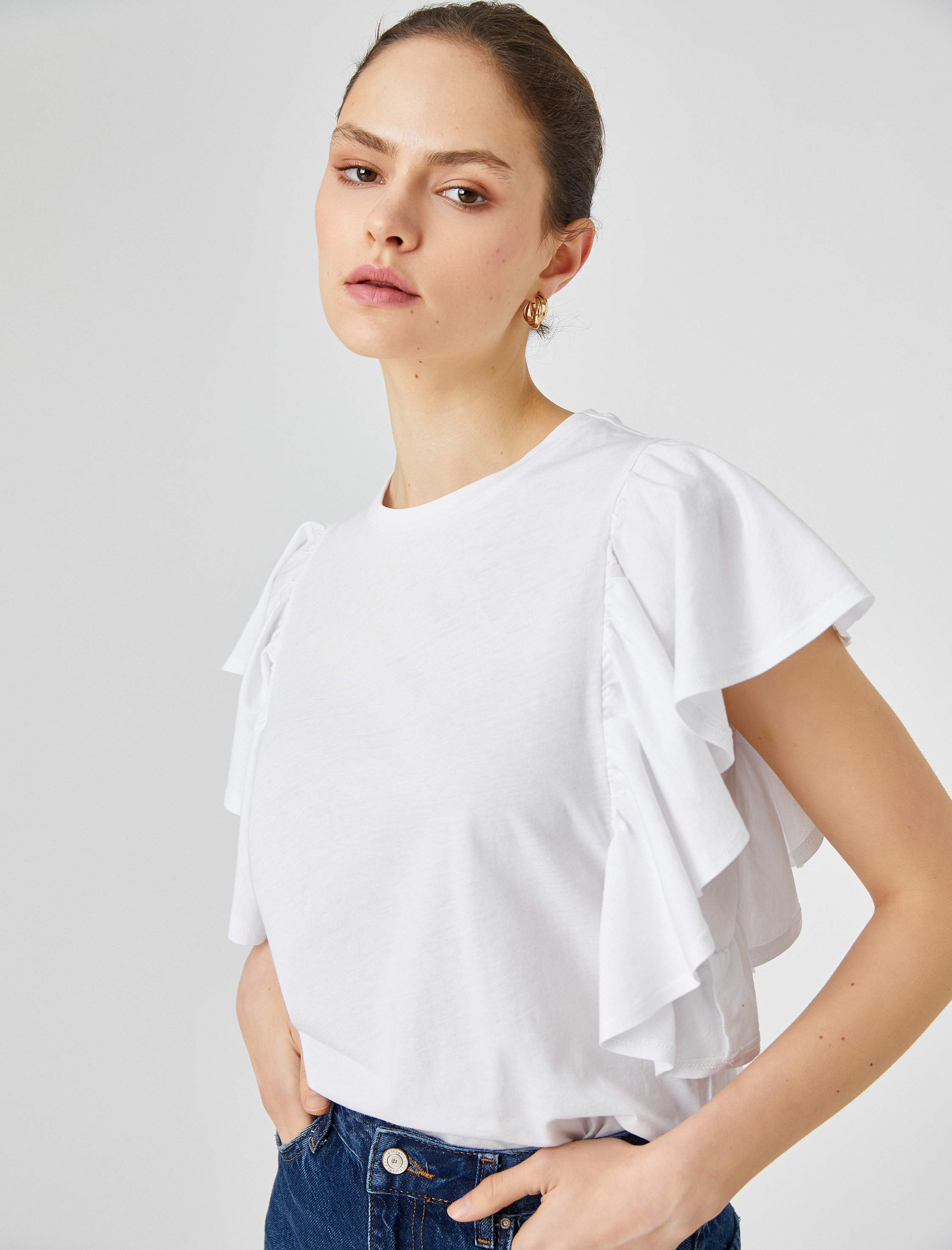   Kolları Volanlı Tişört Bisiklet Yaka Pamuklu