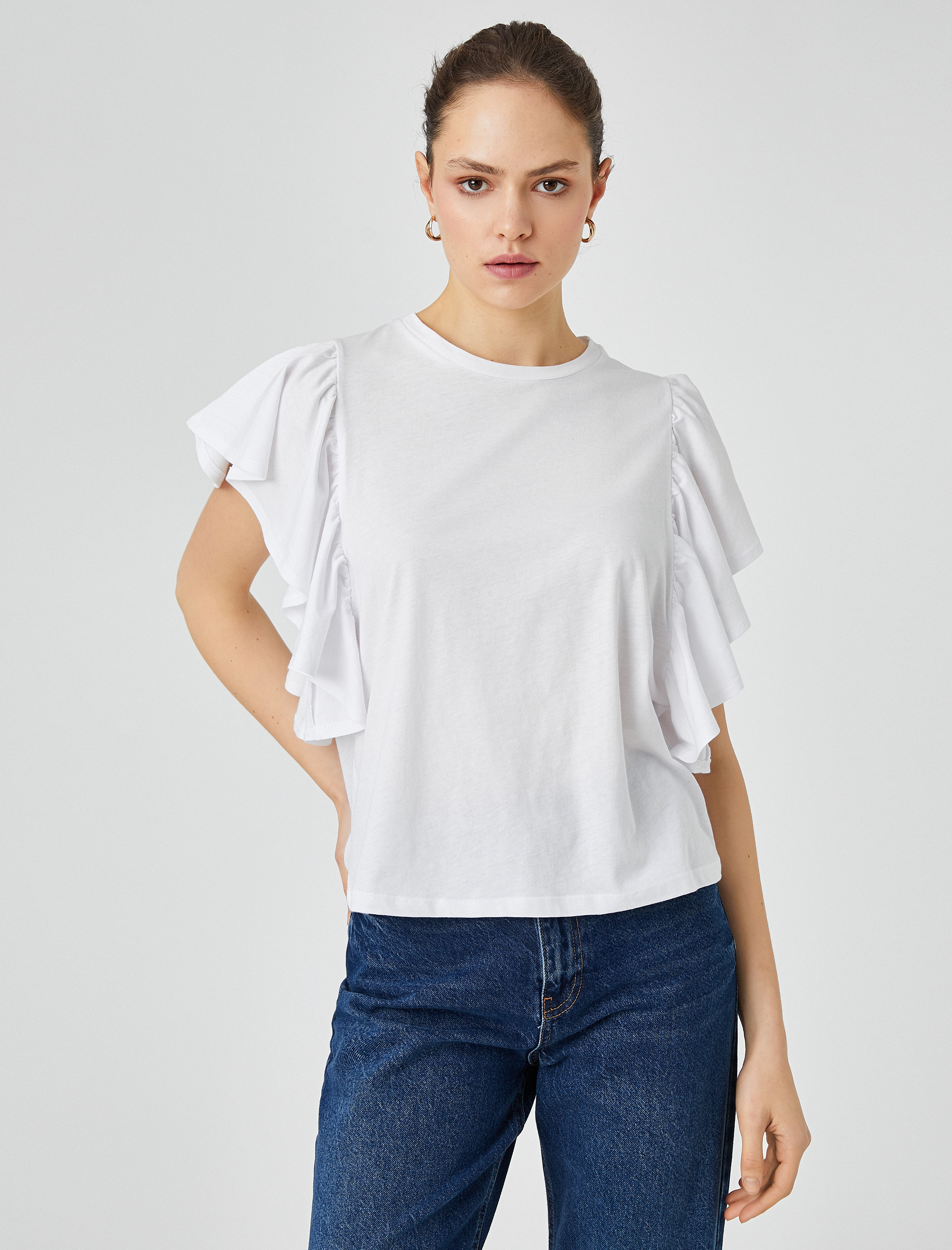   Kolları Volanlı Tişört Bisiklet Yaka Pamuklu